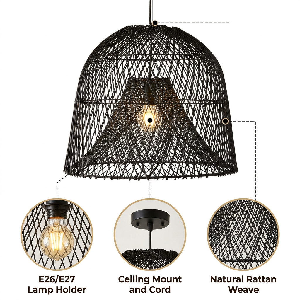 Nassa Black Rattan Pendant with double-woven crisscross lattice, black matte finish, adjustable cord mount, one E26 socket casting rippling ambient shadow patterns
