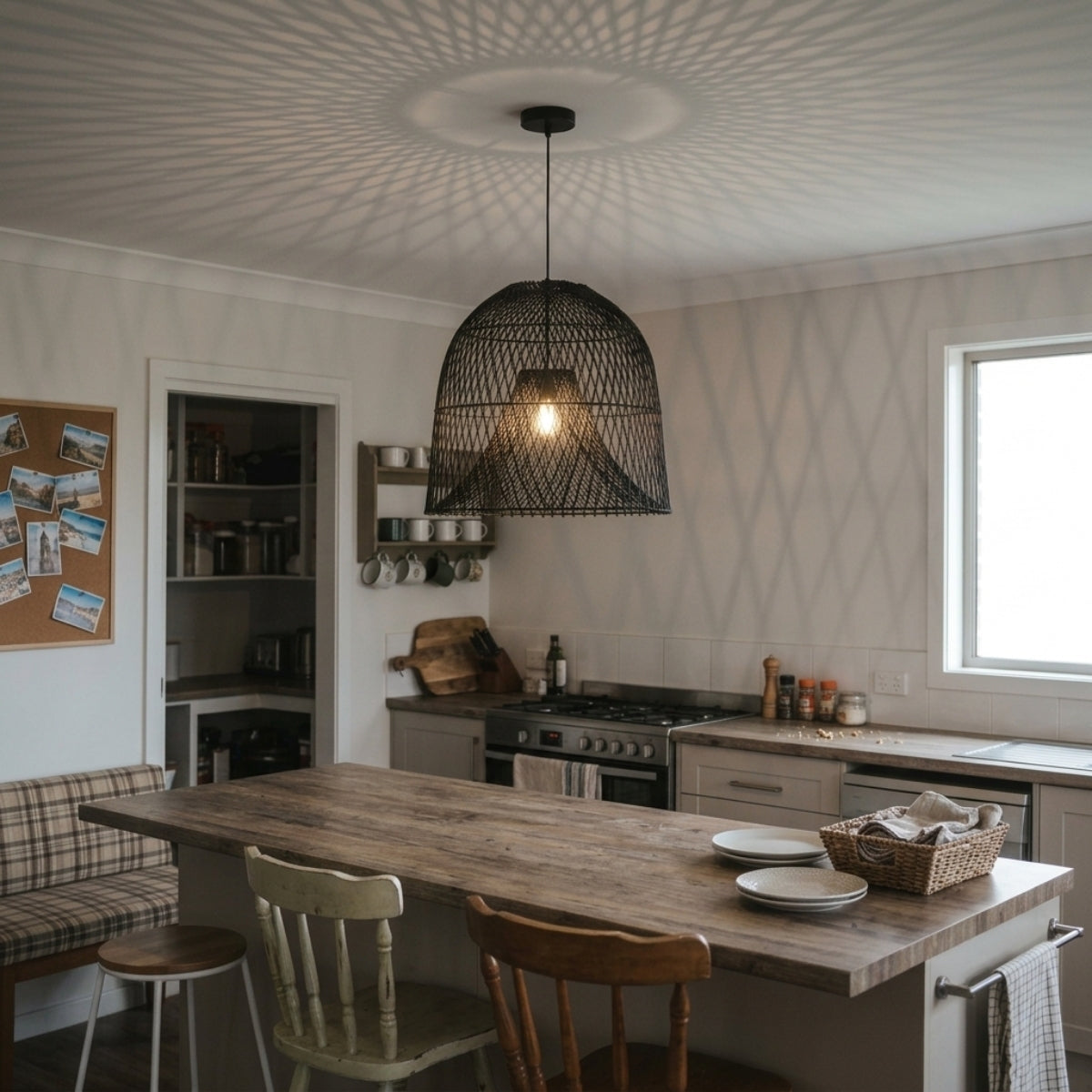 Nassa Black Rattan Pendant over kitchen island, clustered 17.7-inch shades leaving clearance between centers while lighting the counter for prep work