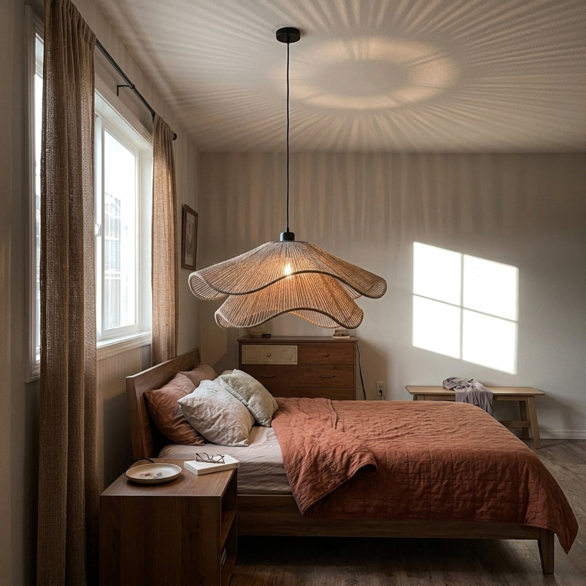 Natural Hemp Rope Woven Pendant beside the bed, 15.7-inch shade replacing a table lamp and freeing up nightstand space without crowding