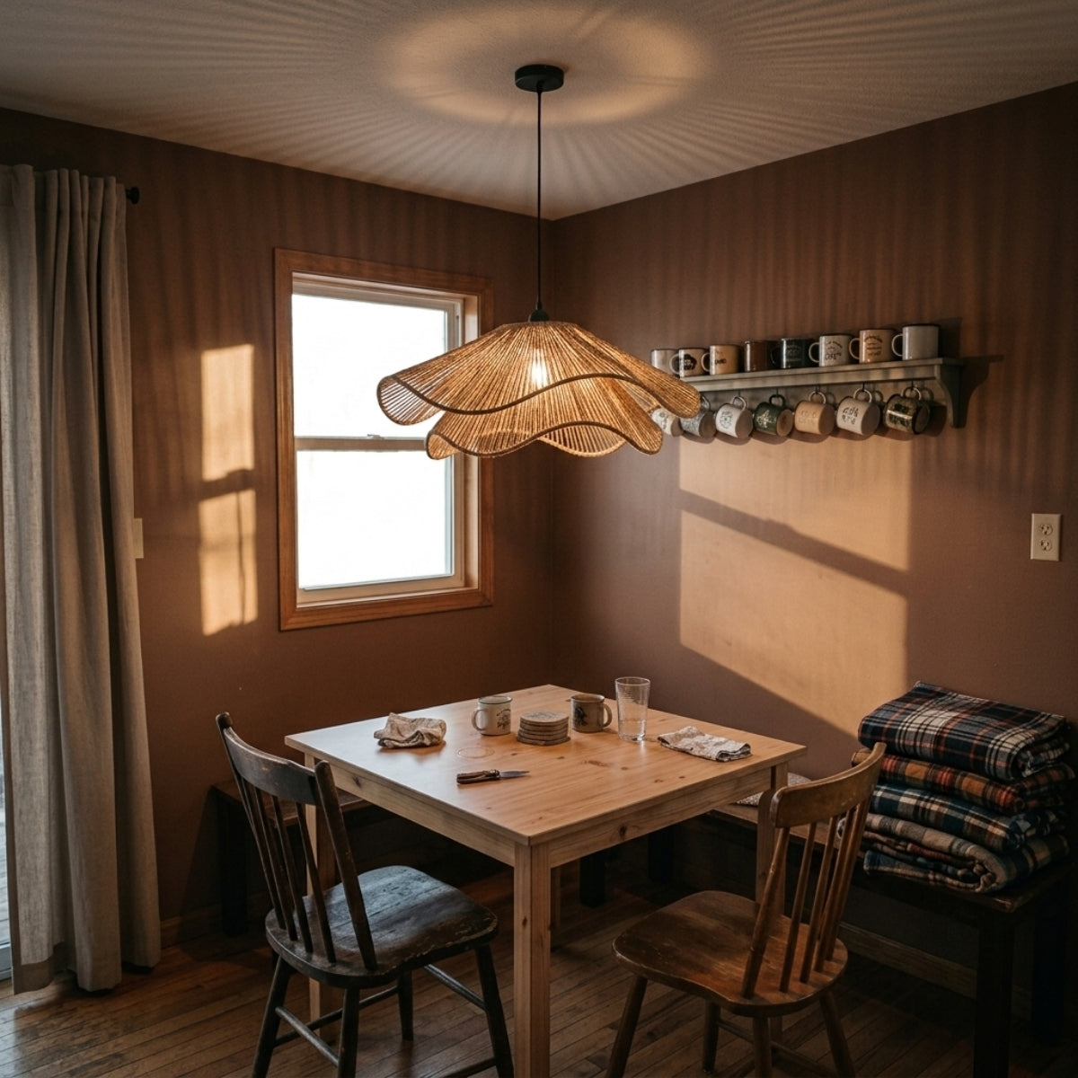 Natural Hemp Rope Woven Pendant above dining table, 23.6-inch shade covering a six-seat table without casting glare into diners sightlines