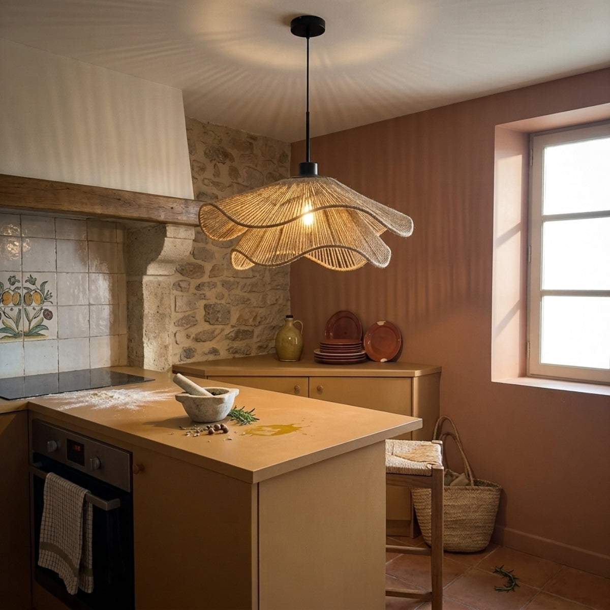 Natural Hemp Rope Woven Pendant over kitchen island, clustered 15.7-inch shades spaced evenly for bright coverage without visual clutter above the counter