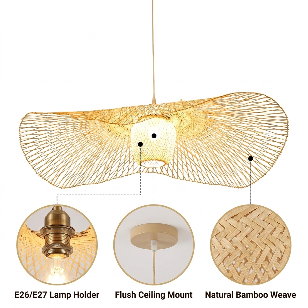 Natural Lotus Leaf Woven Bamboo Pendant with hand-plaited radiating lotus-leaf strip weave, natural matte finish, adjustable cord mount, warm E26 ambient glow