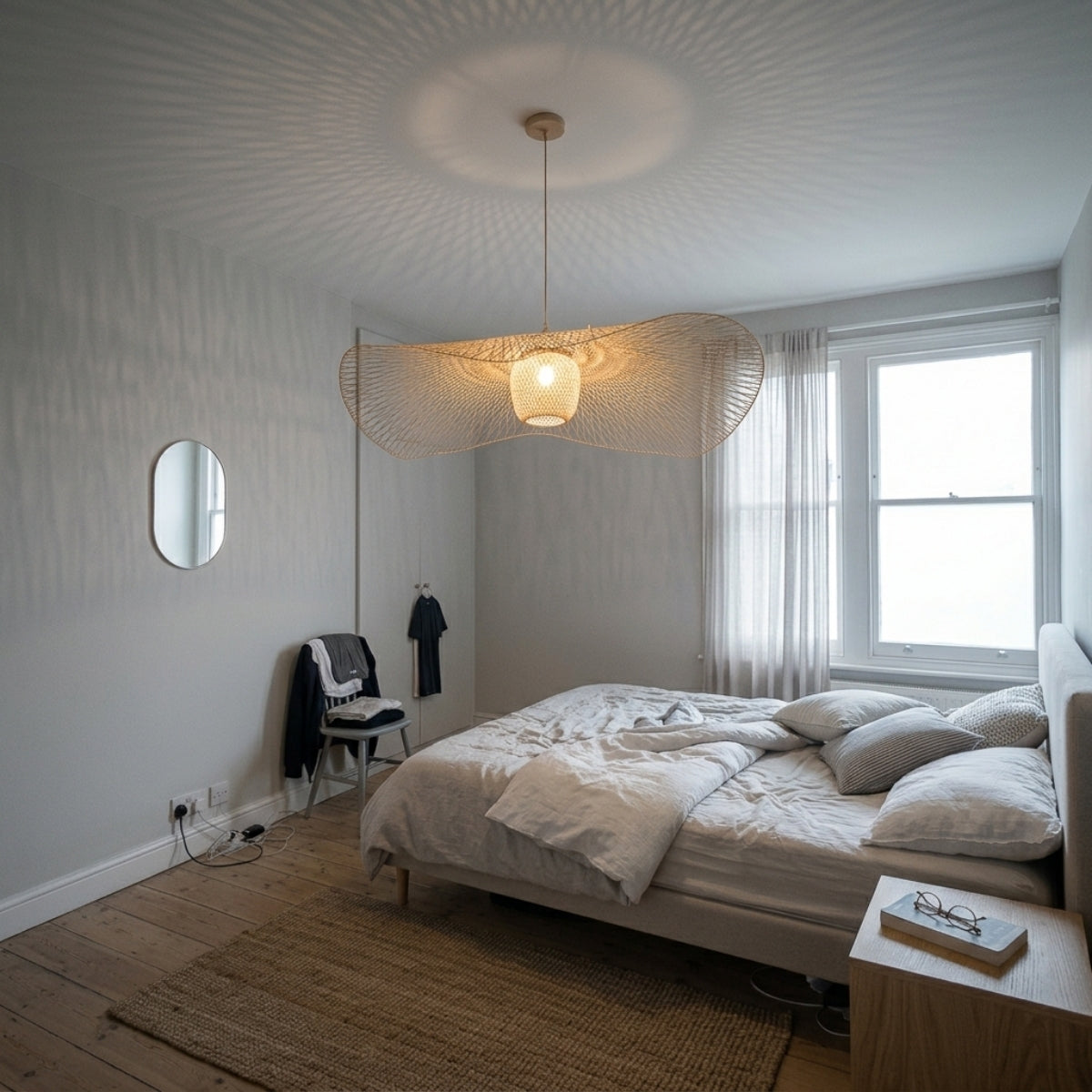 Natural Lotus Leaf Woven Bamboo Pendant beside the bed, compact 17.7-inch dome keeping the woven pattern visible at close nightstand height