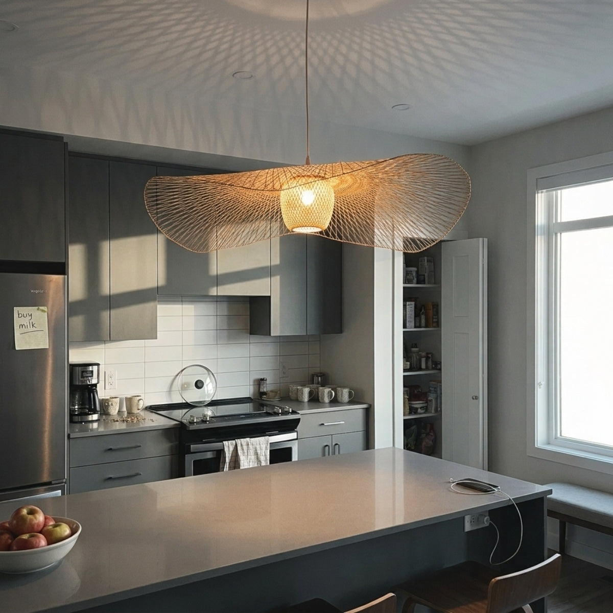 Natural Lotus Leaf Woven Bamboo Pendant over kitchen island, clustered 17.7-inch domes keeping sightlines open across the counter with even light