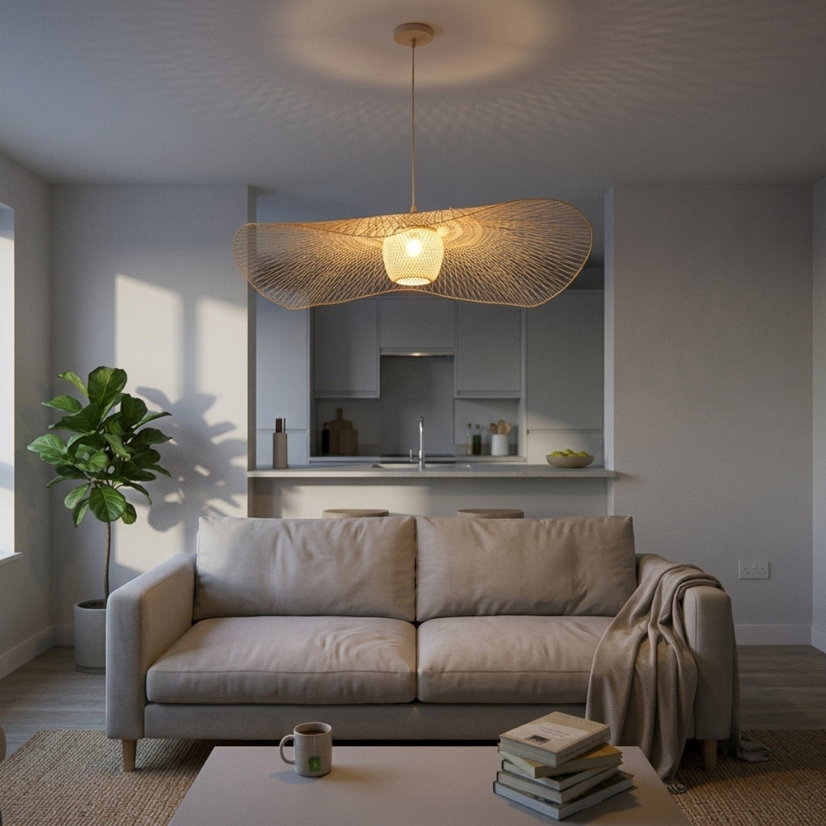 Natural Lotus Leaf Woven Bamboo Pendant in living room, wide 33.5-inch dome reading as a centerpiece over the coffee table with open weave glow