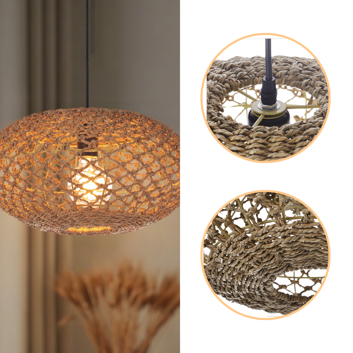 Natural Oval Wicker Pendant with open lattice oval jute weave, natural matte finish, adjustable cord mount, one E26 socket casting rippling ambient shadows