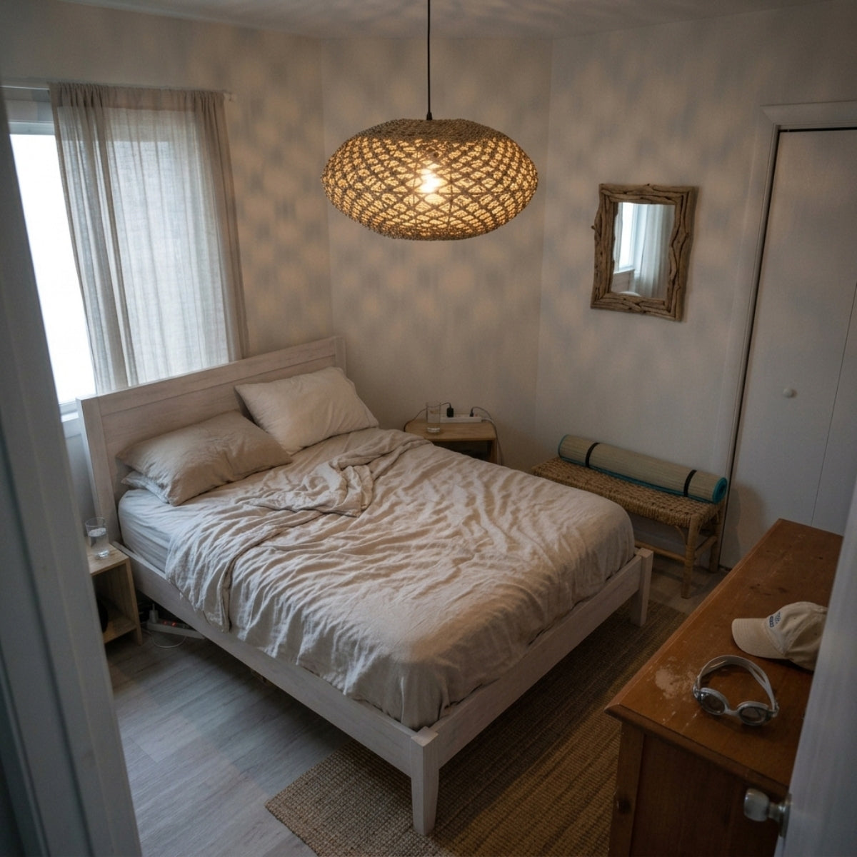Natural Oval Wicker Pendant beside the bed, narrow 13.8-inch profile clearing the nightstand surface without crowding books or a glass of water