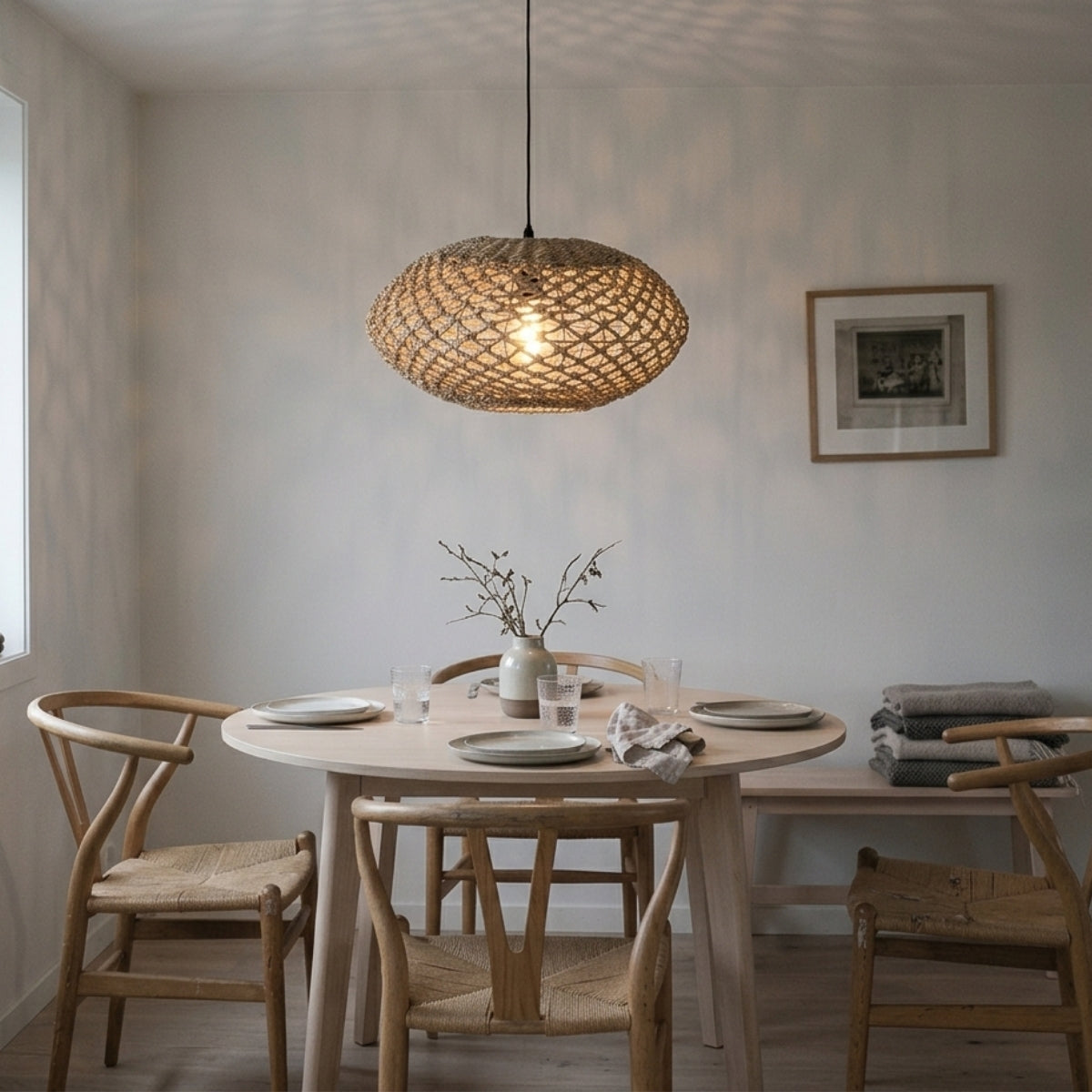 Natural Oval Wicker Pendant above dining table, 17.7-inch shade spreading open jute weave light across a six-seat table without glare