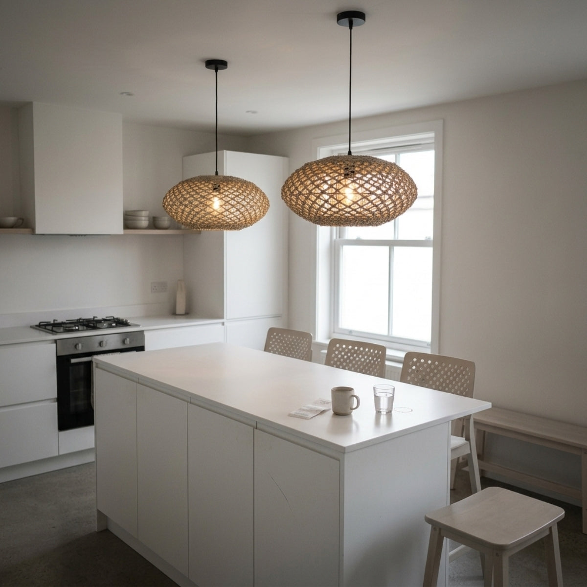 Natural Oval Wicker Pendant over kitchen island, two 13.8-inch pendants covering a shorter island with even jute-filtered task light for prep