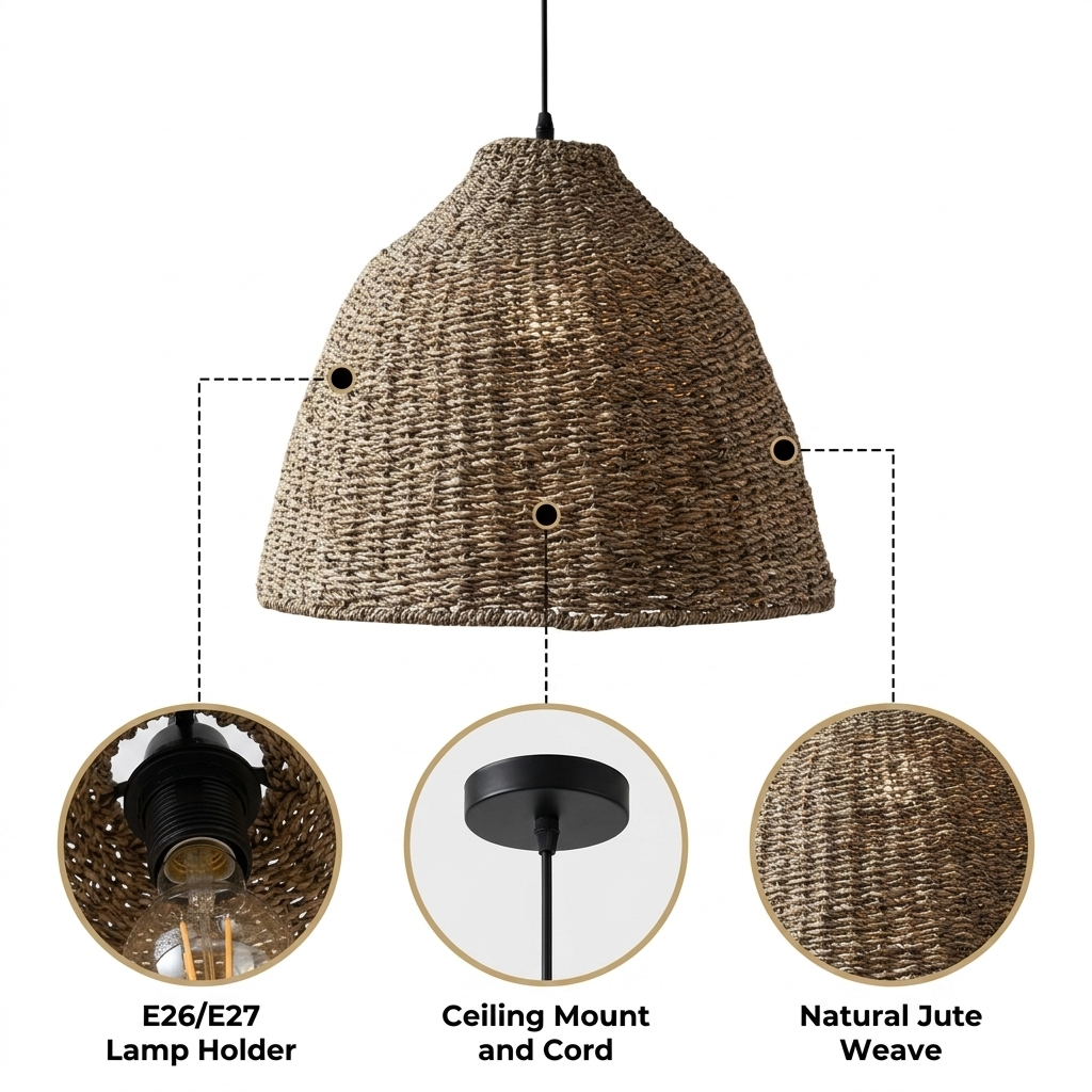 Nehara Wicker Pendant with densely coiled horizontal jute weave, natural matte finish, hardwired ceiling mount, one E26 socket washing surfaces in warm light