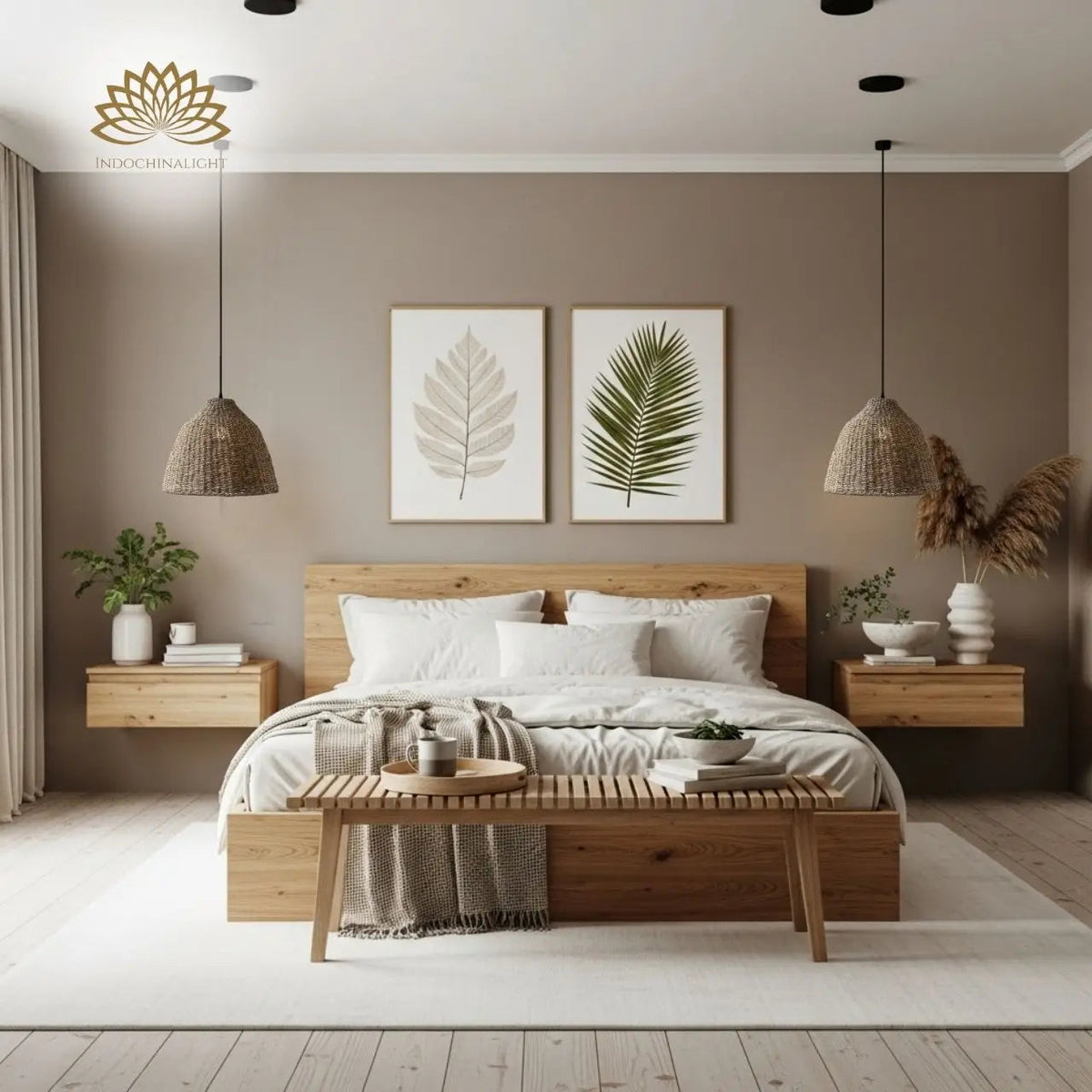 Nehara Wicker Pendant beside the bed, narrow 15.7-inch dome keeping the nightstand surface clear while softening light for late reading
