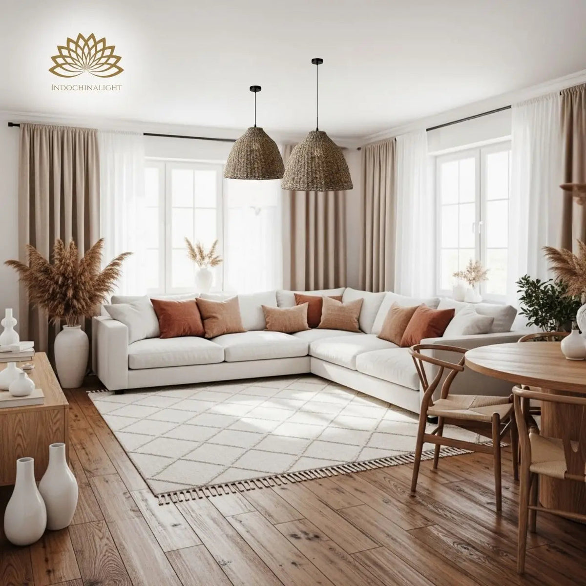 Nehara Wicker Pendant in living room, wide 23.6-inch dome centering over the coffee table and balancing the sofa without competing with floor lamps