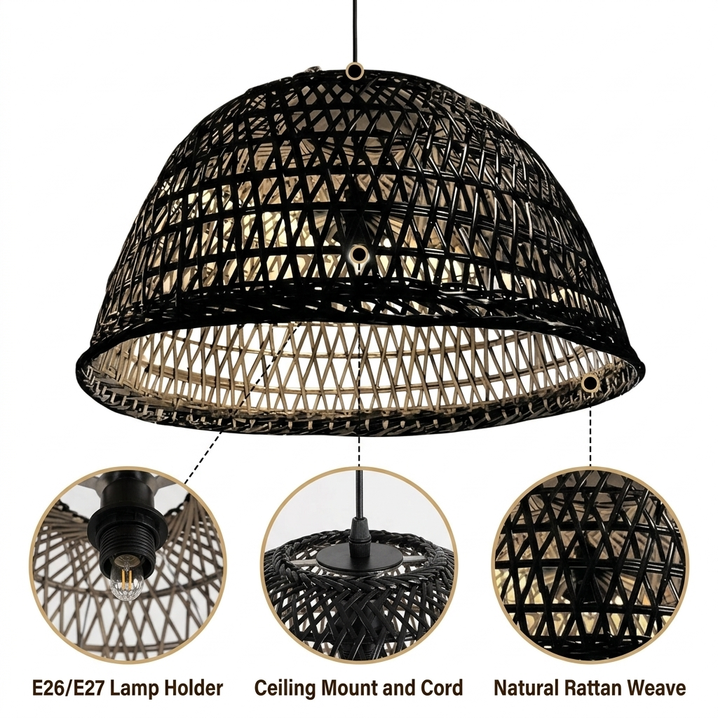 Neroweave Extra Large Black Dome Rattan Pendant with open basket-weave dome, black matte finish, adjustable cord mount, warm E26 glow through rippling shadow