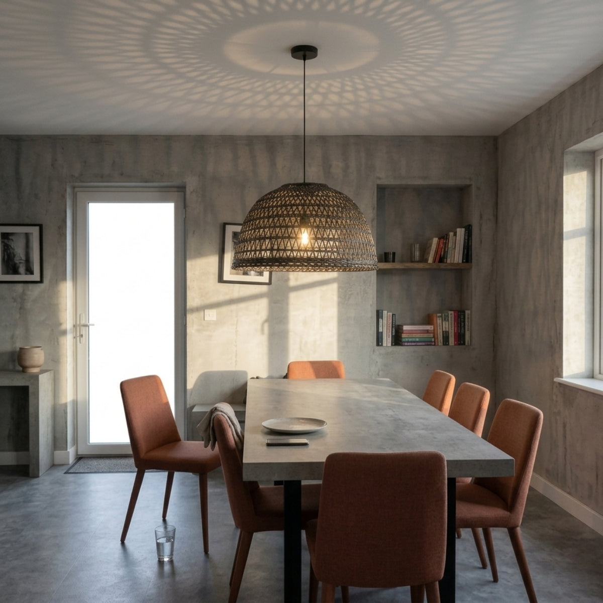 Neroweave Extra Large Black Dome Rattan Pendant above dining table, large dome centering the table with soft open-weave light instead of glare