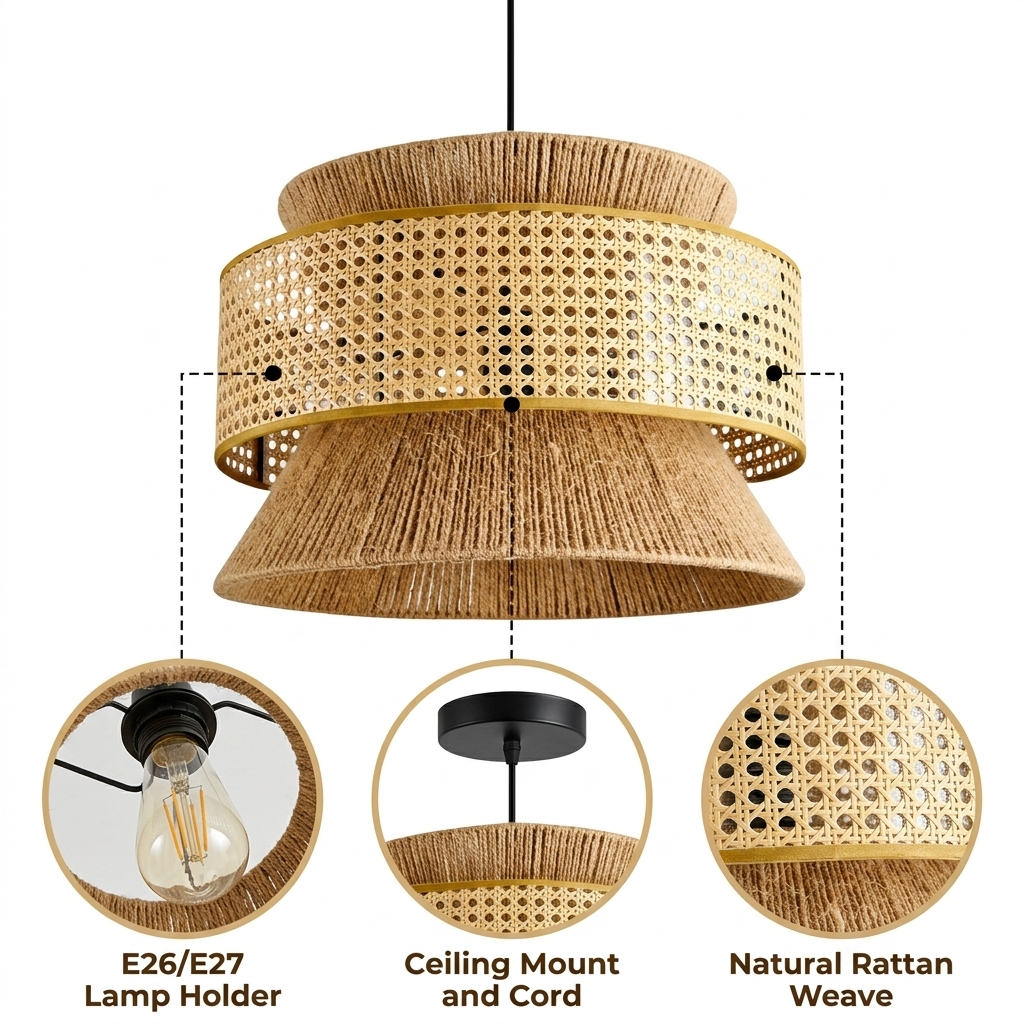 Nimes Wabi Sabi Rattan Drum Pendant with open rattan weave and hourglass hemp rope wrap, natural matte finish, adjustable cord mount, warm E26 glow