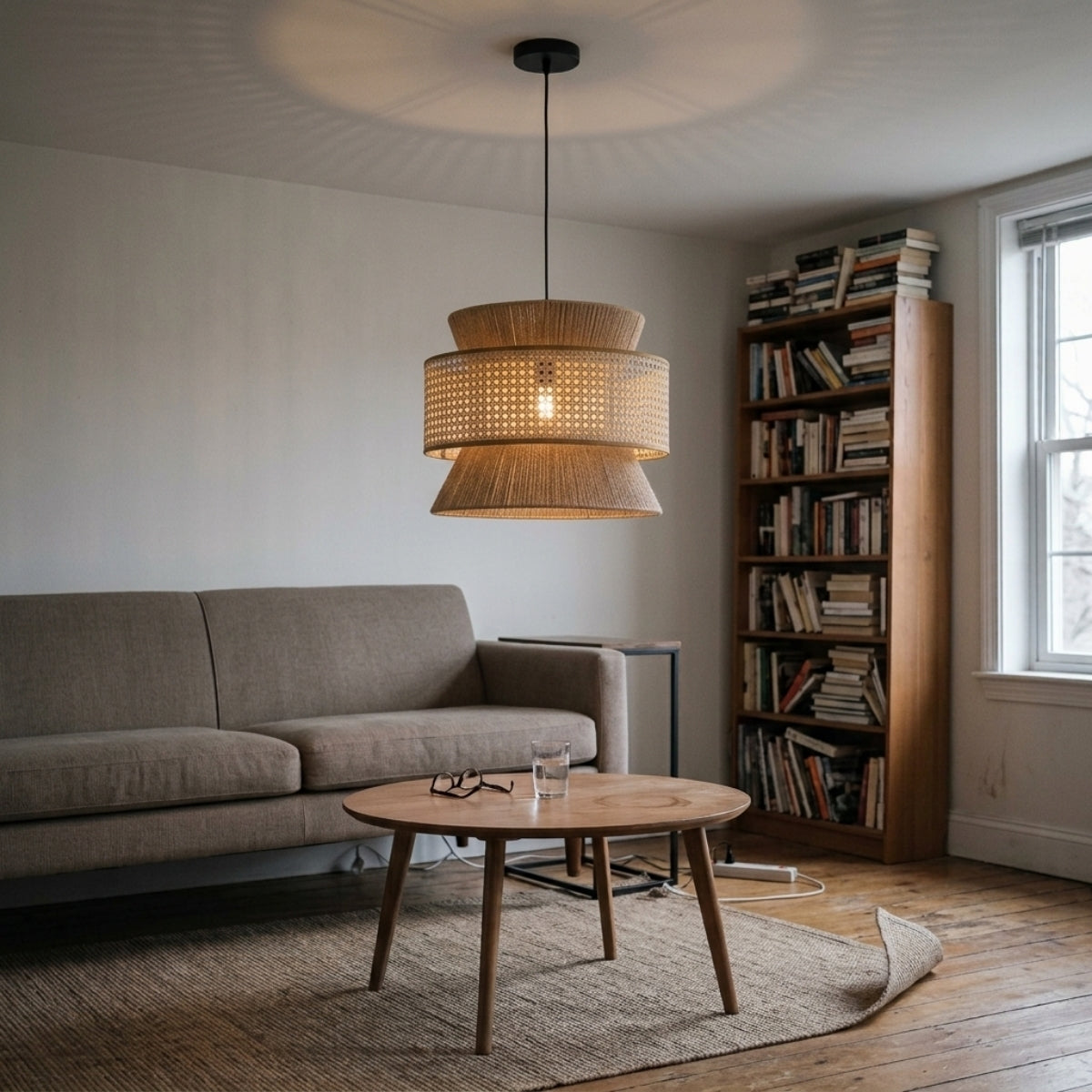 Nimes Wabi Sabi Rattan Drum Pendant in living room, 27.6-inch drum an ambient centerpiece above the coffee table without crowding the low sofa
