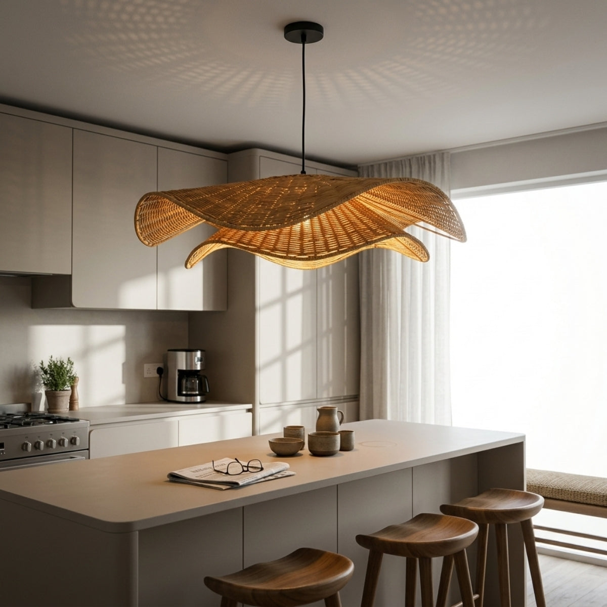 Nina Campbell Natural Velero Wicker Rattan Pendant over kitchen island, clustered 19.7-inch shades spaced evenly for bright coverage across the work surface