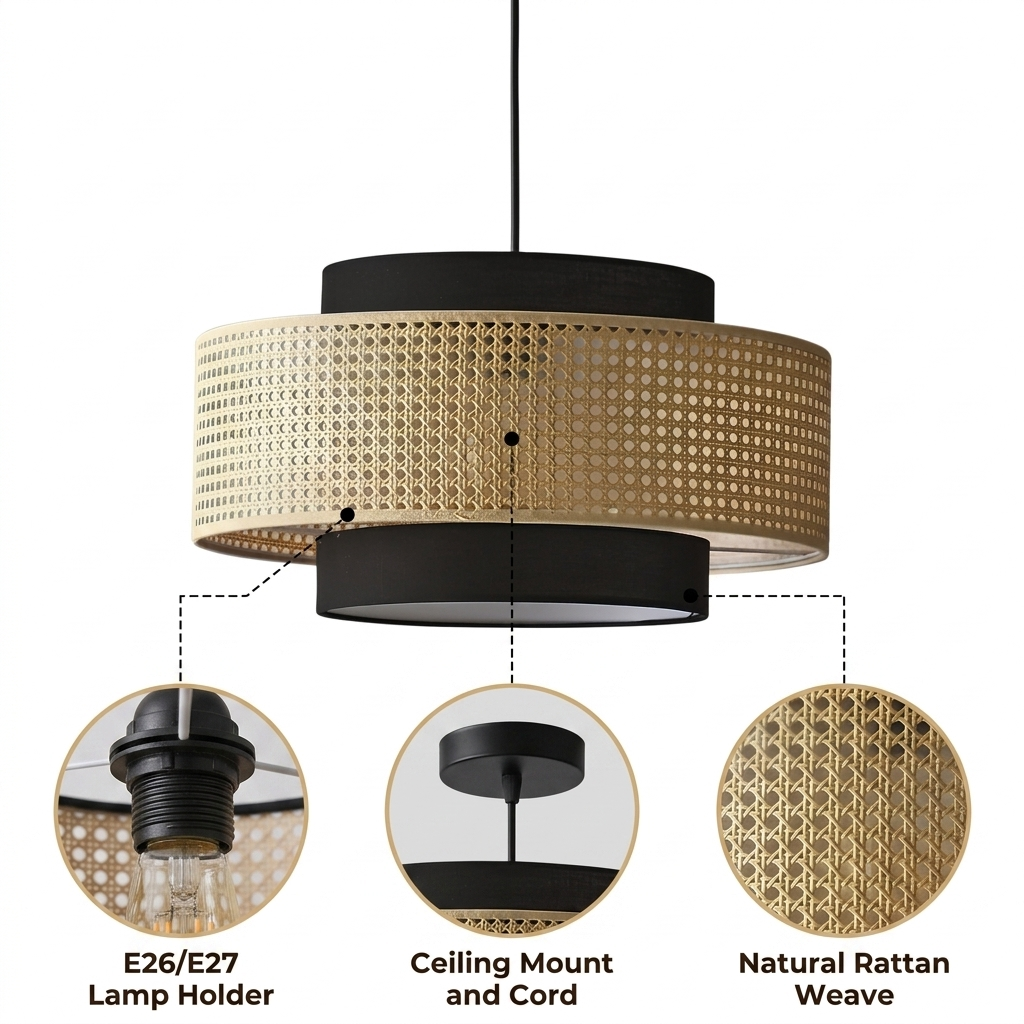 Nivara Black and Rattan Drum Pendant with open lattice cylindrical weave, black matte finish, adjustable cord mount, one E26 socket for warm downward glow
