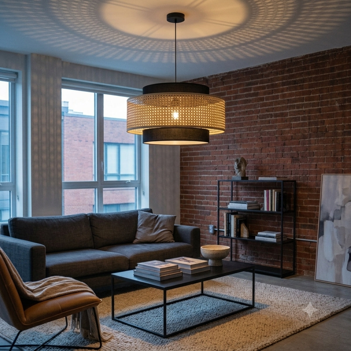 Nivara Black and Rattan Drum Pendant in living room, 31.5-inch drum a centerpiece over the sofa with open rattan weave throwing ambient light on walls