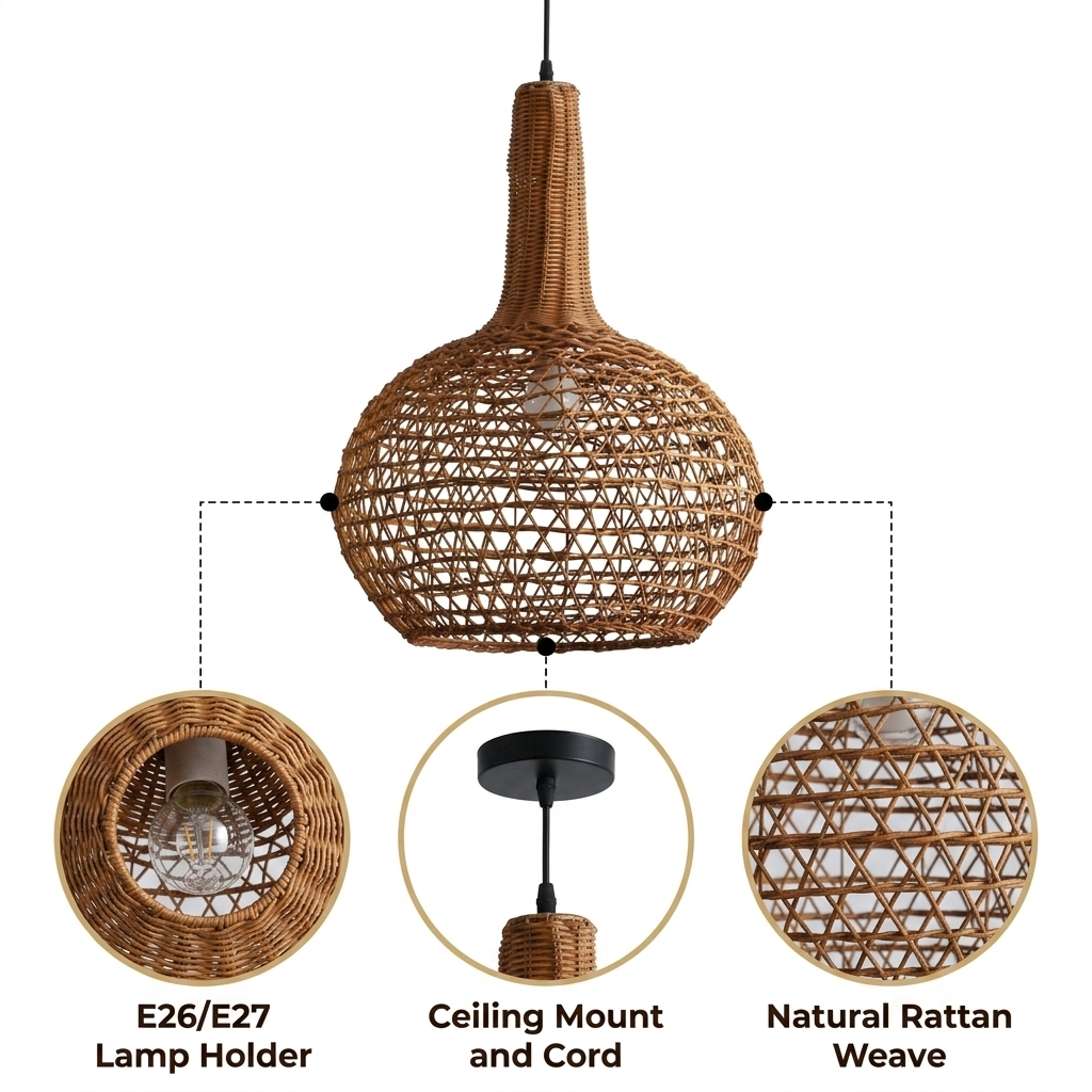 Nkuku Beru Rattan Pendant with open diamond lattice weave, natural matte finish, adjustable cord mount, one E26 socket casting rippling diamond shadow patterns