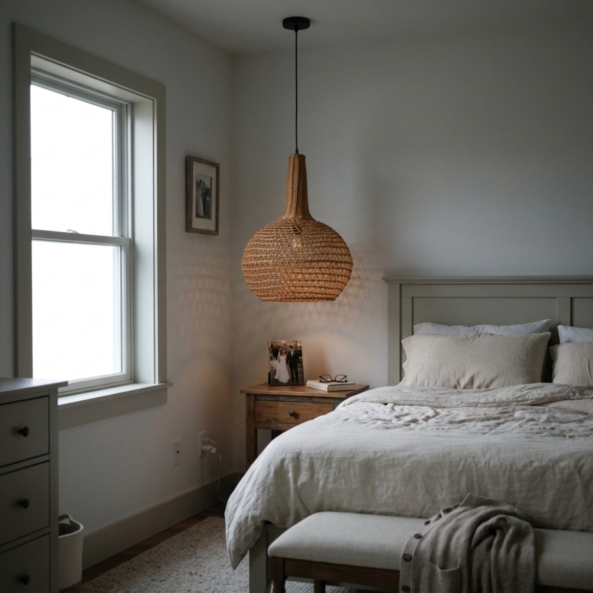 Nkuku Beru Rattan Pendant beside the bed, 12.6-inch globe sitting at nightstand height without crowding a book or a glass of water