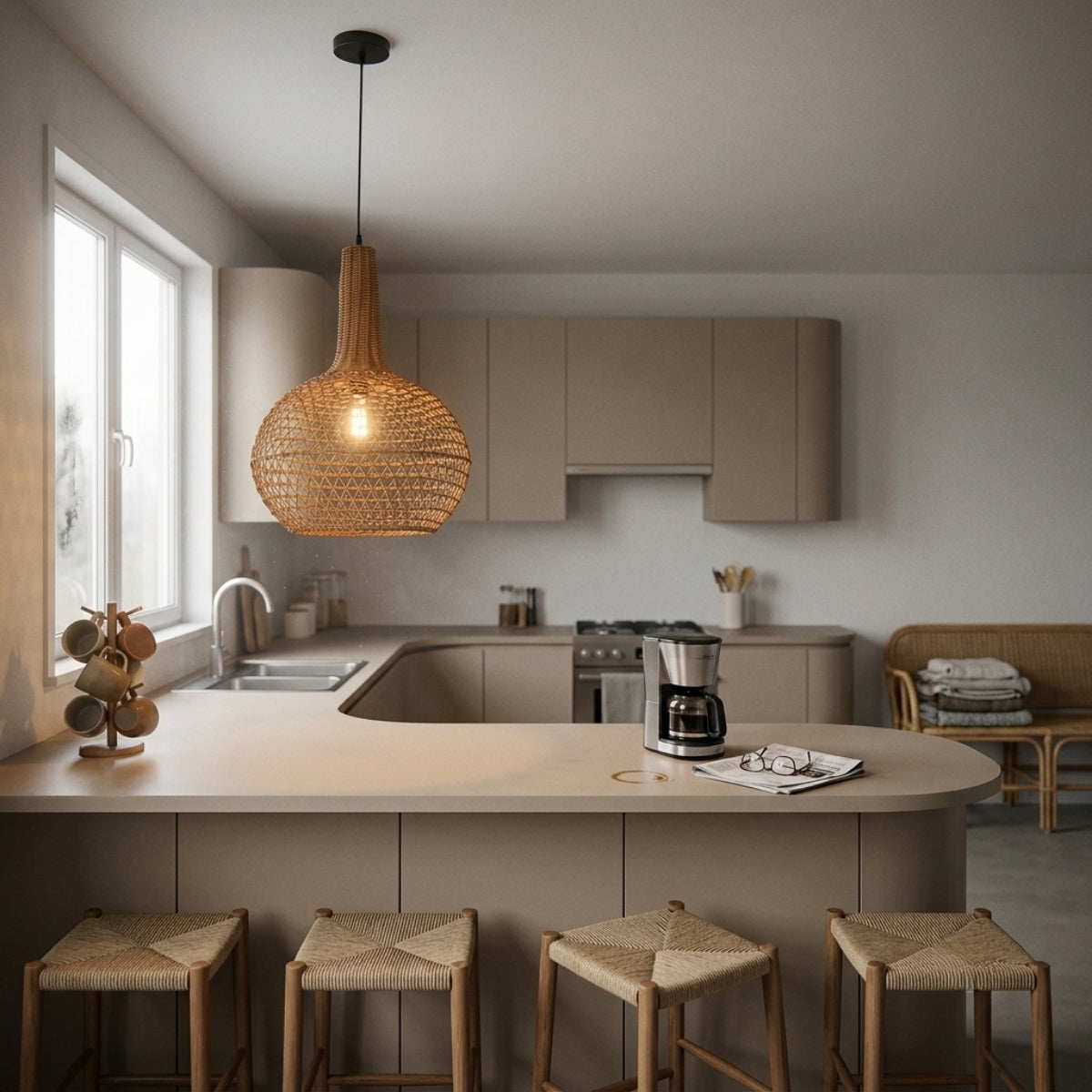 Nkuku Beru Rattan Pendant over kitchen island, clustered 12.6-inch globes centered along the counter each throwing lattice shadows without one dominating