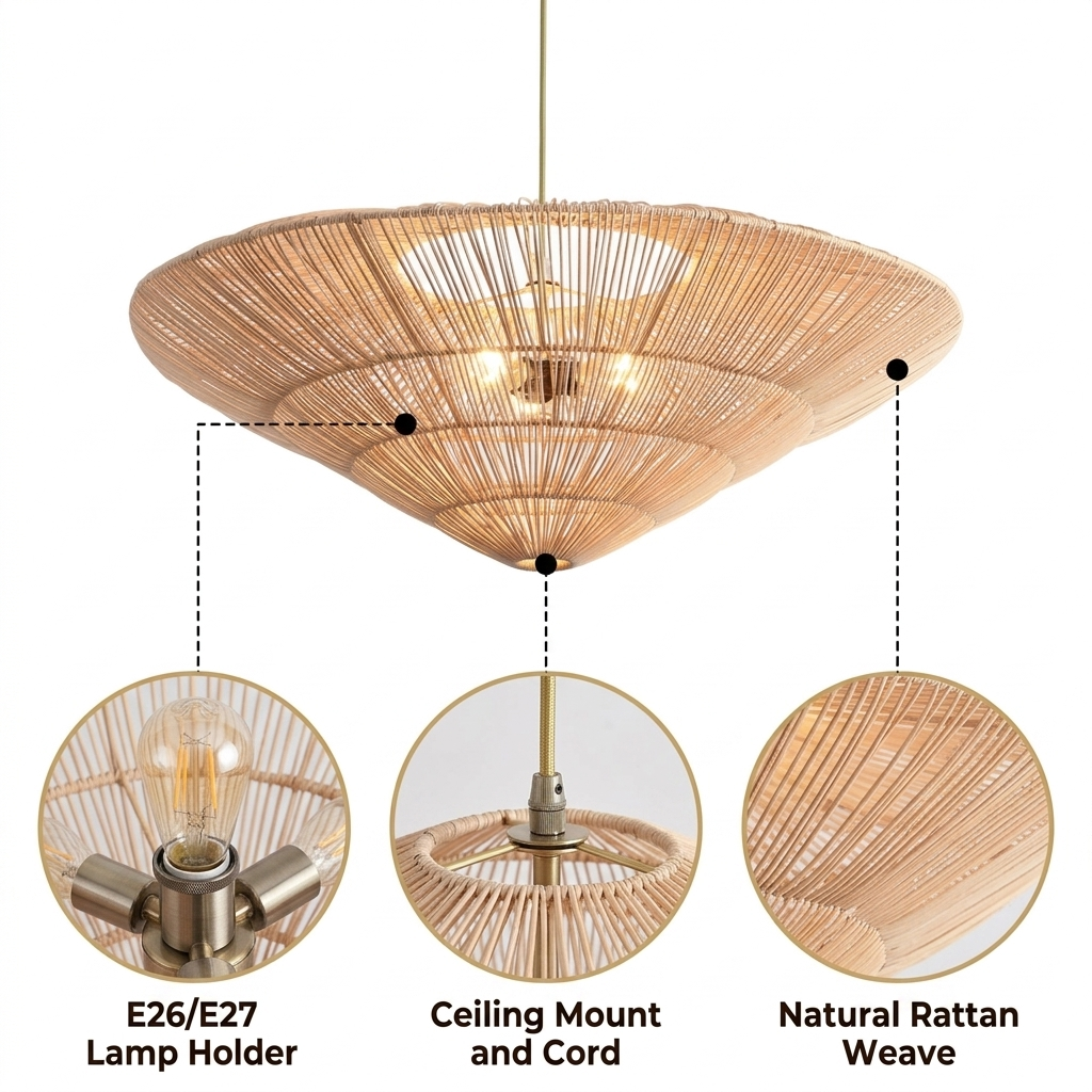 Nordic Large Umbrella Rattan Pendant with radial spoke rattan weave, natural matte finish, adjustable cord mount, one E26 socket for warm downward task glow