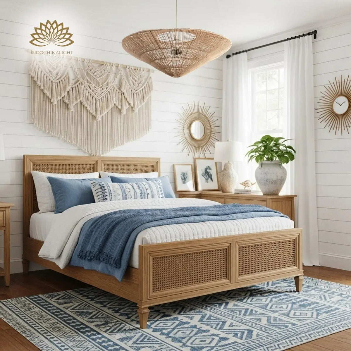 Nordic Large Umbrella Rattan Pendant beside the bed, 23.6-inch shade taking the place of a nightstand lamp low enough for reading