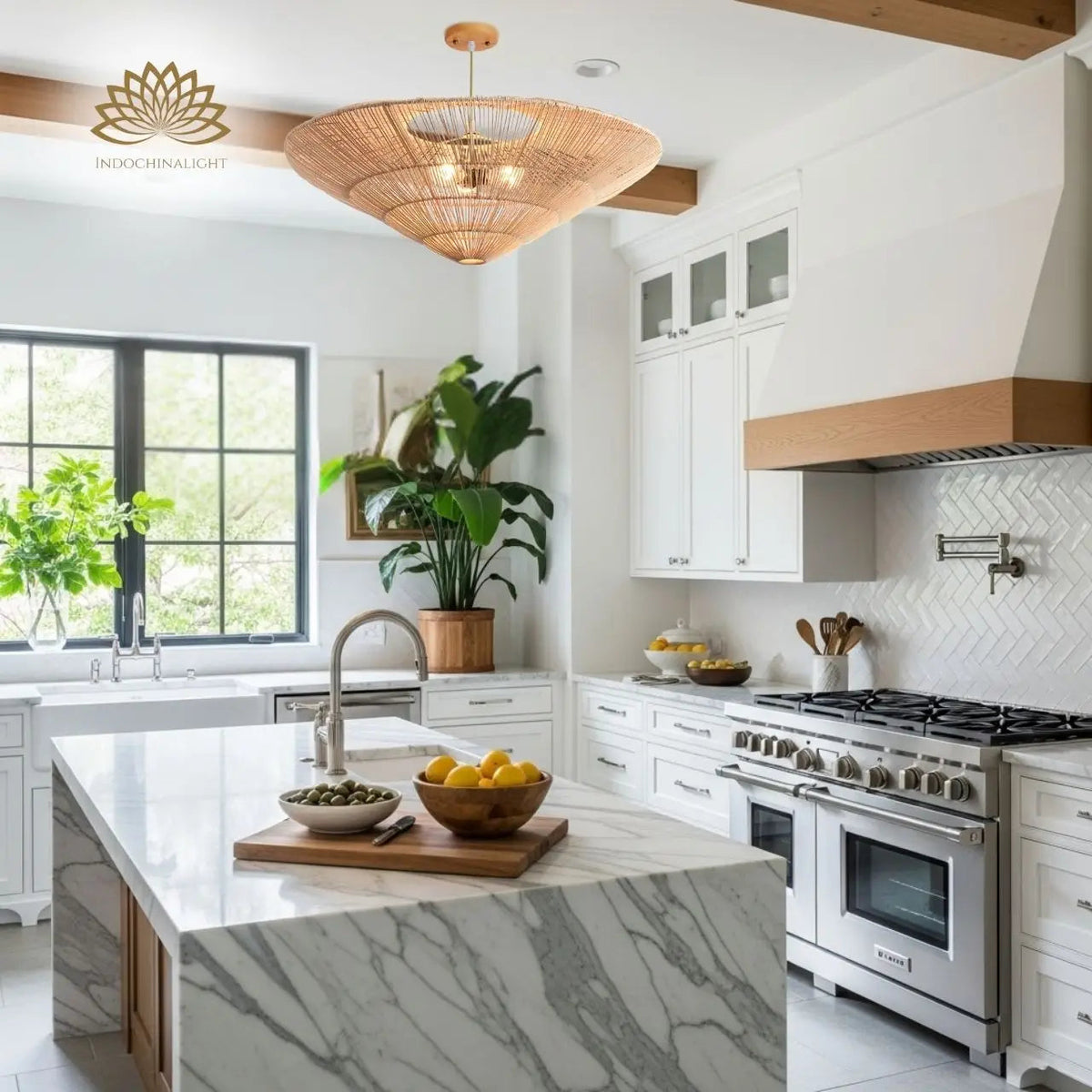 Nordic Large Umbrella Rattan Pendant over kitchen island, clustered 23.6-inch shades lighting the work surface evenly without blocking counter sightlines