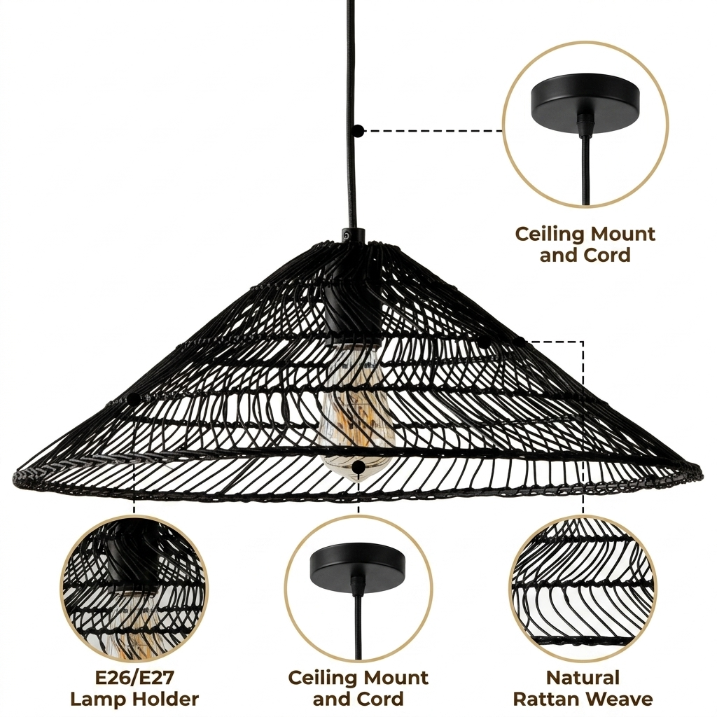 Nova Black Rattan Pendant with open-weave rattan cone shade, black matte finish, adjustable cord mount, one E26 socket for warm downward task glow