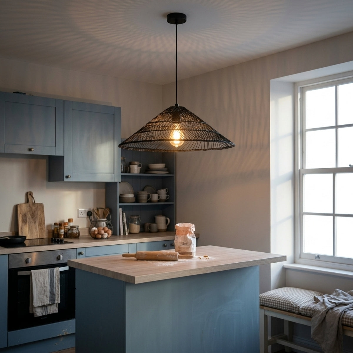 Nova Black Rattan Pendant over kitchen island, clustered 15.7-inch cones giving even work-surface light without one oversized shade dominating the run