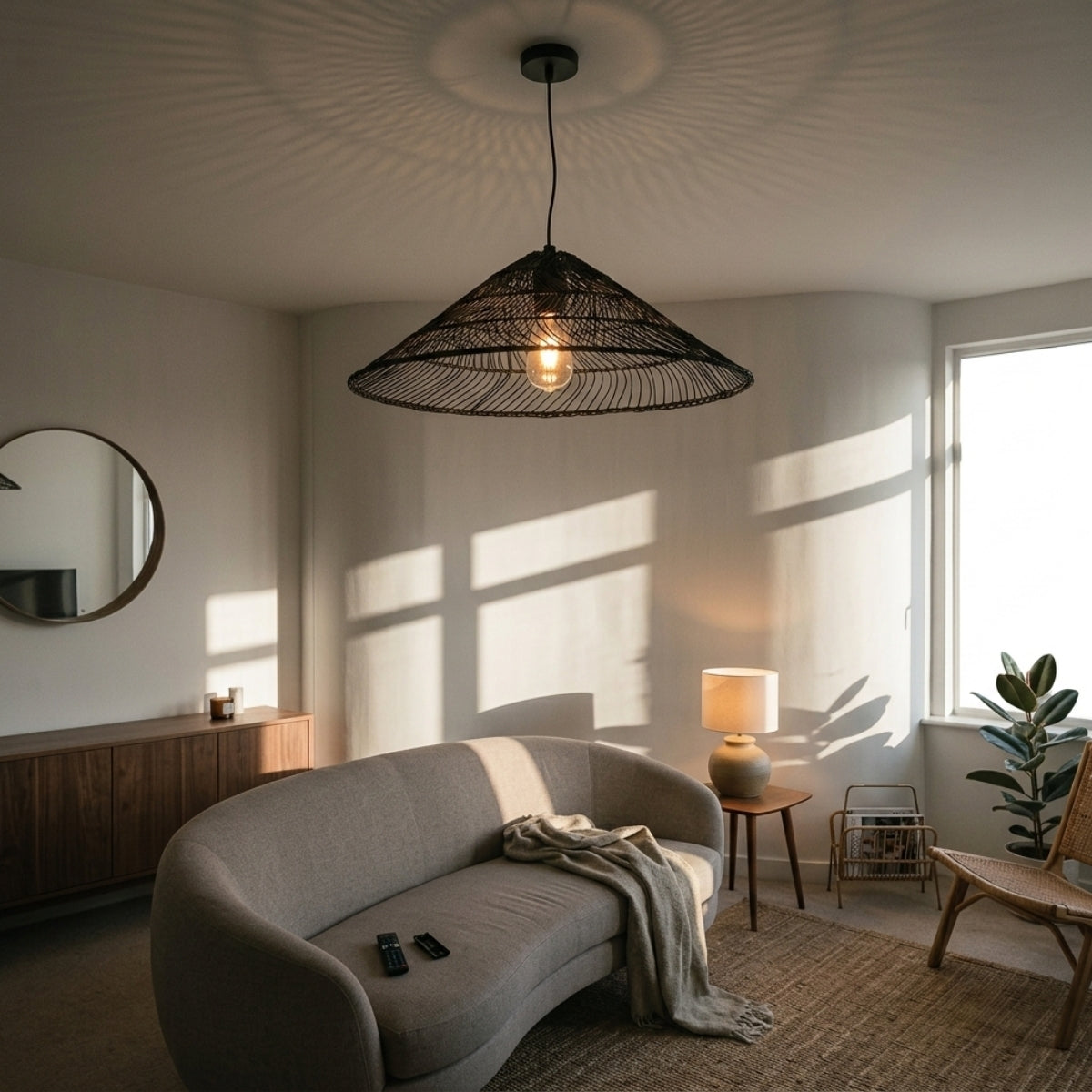 Nova Black Rattan Pendant in living room, largest cone a centerpiece over the coffee table casting open-weave shadow patterns across surrounding walls