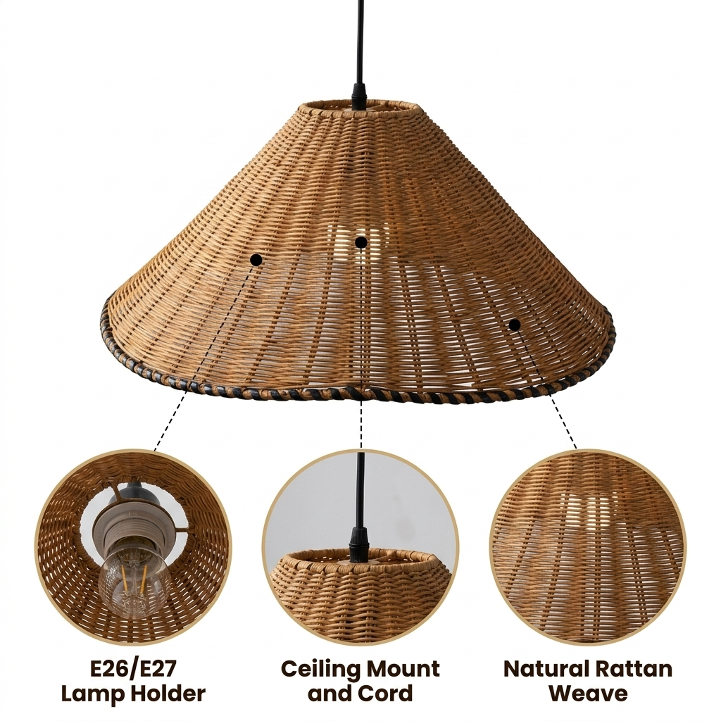 Oceania Rattan Pendant with layered flared-cone open lattice weave, natural matte finish, adjustable cord mount, one E26 socket for warm downward glow