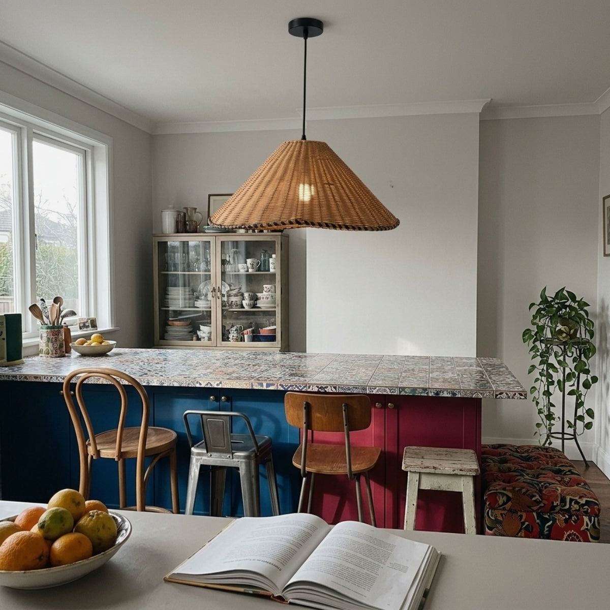 Oceania Rattan Pendant over kitchen island, clustered 15.7-inch shades spreading light evenly while woven rattan still lets output through for prep work
