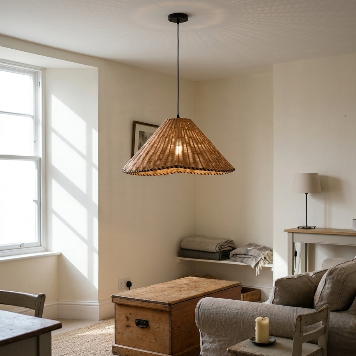 Oceania Rattan Pendant in living room, 19.7-inch shade reading as a centerpiece over the seating area instead of competing with a floor lamp