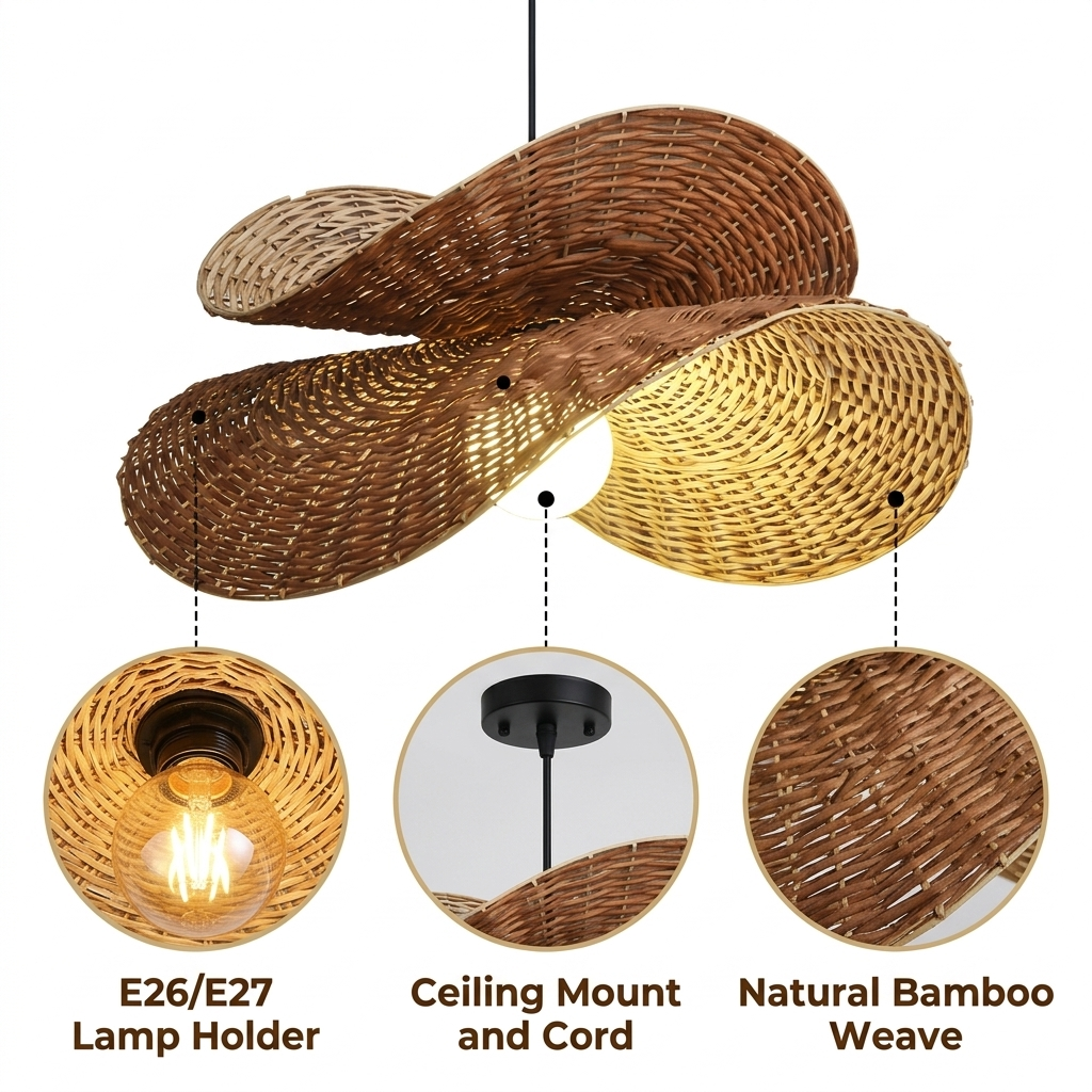 Ooas Wicker Bamboo Pendant with open lattice bamboo weave, natural matte finish, hardwired or plug-in mount, one E26 socket casting warm ambient light