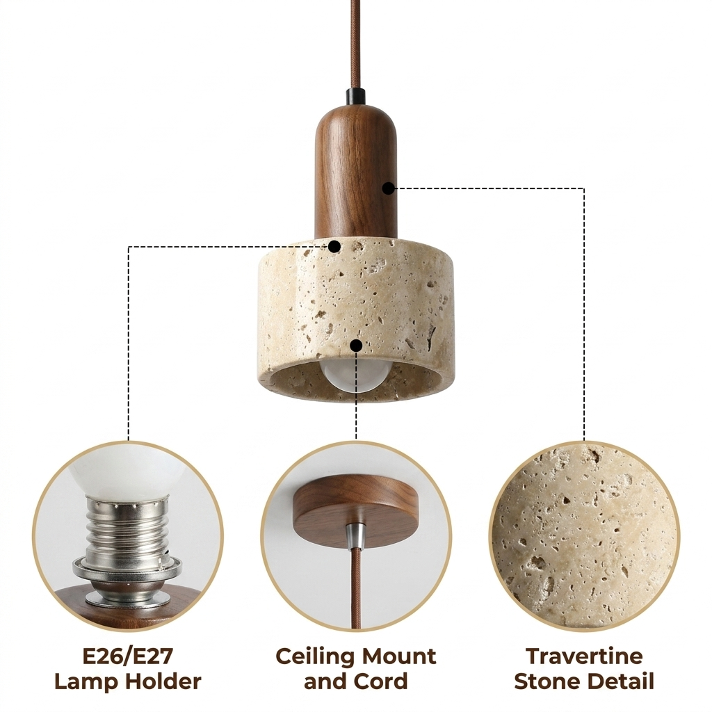 Ora Wabi Sabi Cylinder Travertine Stone and Wood Pendant with hand-carved stone body, wood banding, natural matte finish, hardwired mount, one E26 socket for diffused glow