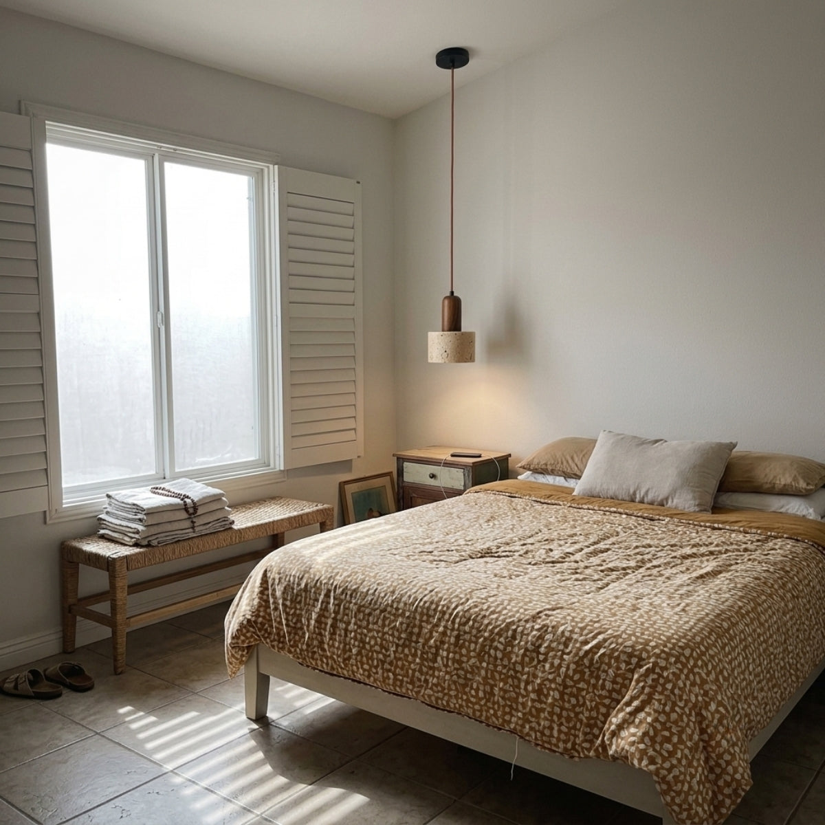 Ora Wabi Sabi Cylinder Pendant in bedroom, the small stone cylinder replacing a table lamp above the nightstand without crowding a stack of books