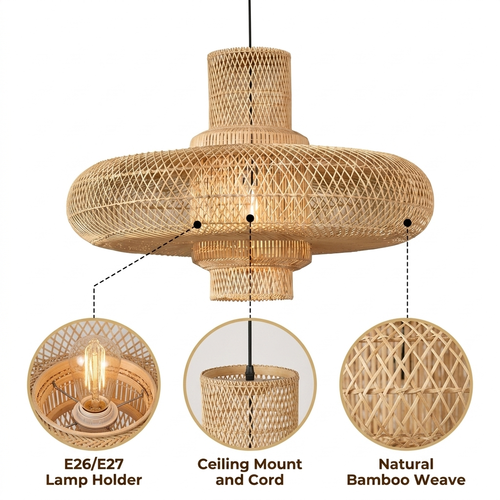 Organo Woven Bamboo Pendant with diamond lattice weave in graduated tiers, natural matte finish, hardwired or plug-in mount, one E26 socket for ambient glow