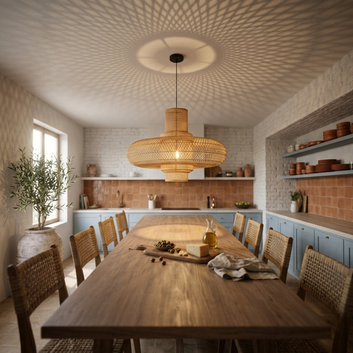 Organo Woven Bamboo Pendant clustered over kitchen island, two 27.6-inch fixtures with aligned diamond weave tiers delivering even light across the work surface