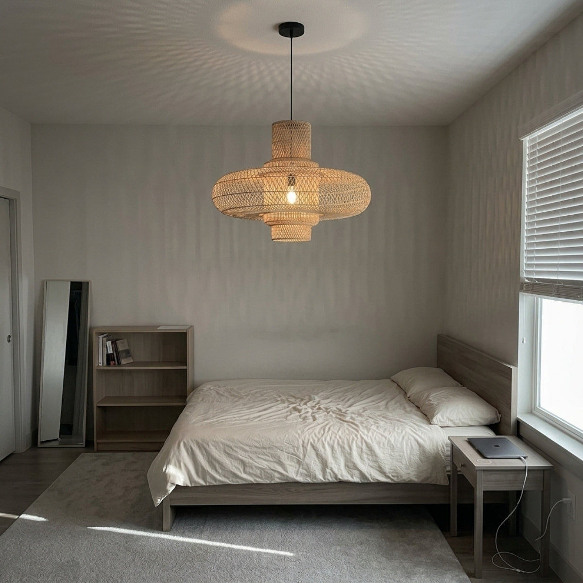 Organo Woven Bamboo Pendant in bedroom, the 21.7-inch tiered diamond weave hung at pillow height beside the headboard in place of a lamp