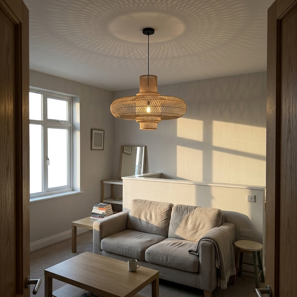 Organo Woven Bamboo Pendant in living room, the 35.4-inch shade anchoring the sofa and coffee table grouping with four graduated tiers filling the ceiling space