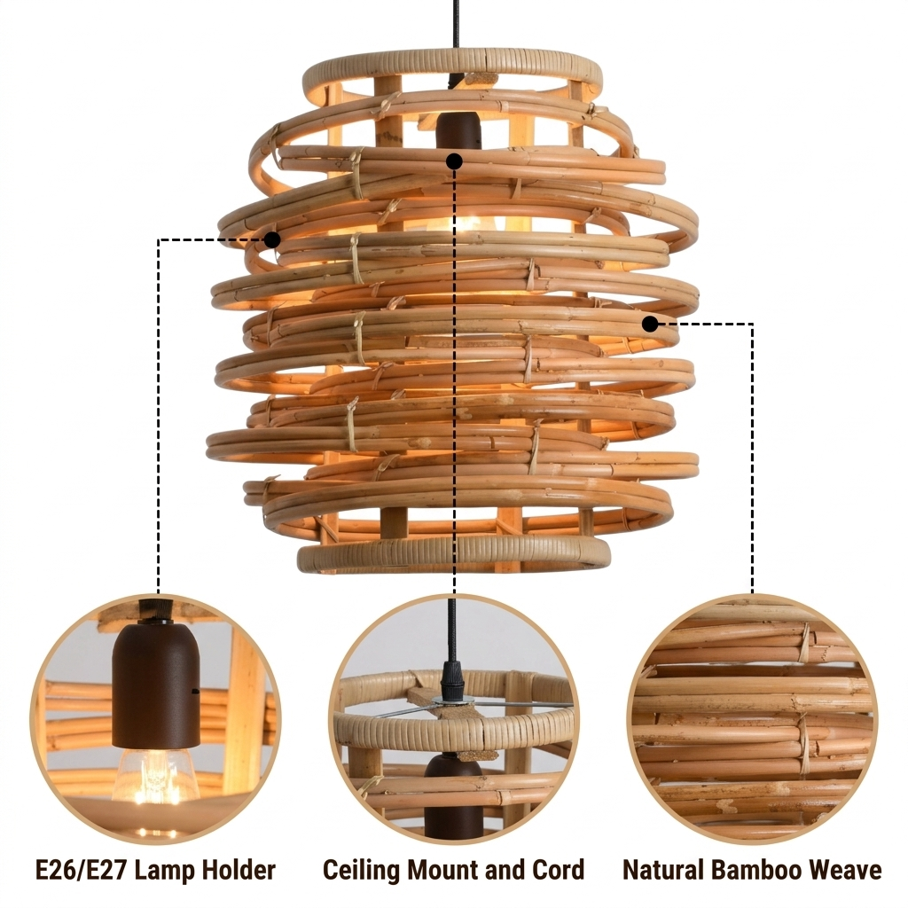 Oriana Grass Bamboo Pendant with coiled spiral bamboo rings, brown matte finish, hardwired or plug-in mount, one E26 socket casting soft organic shadow contours