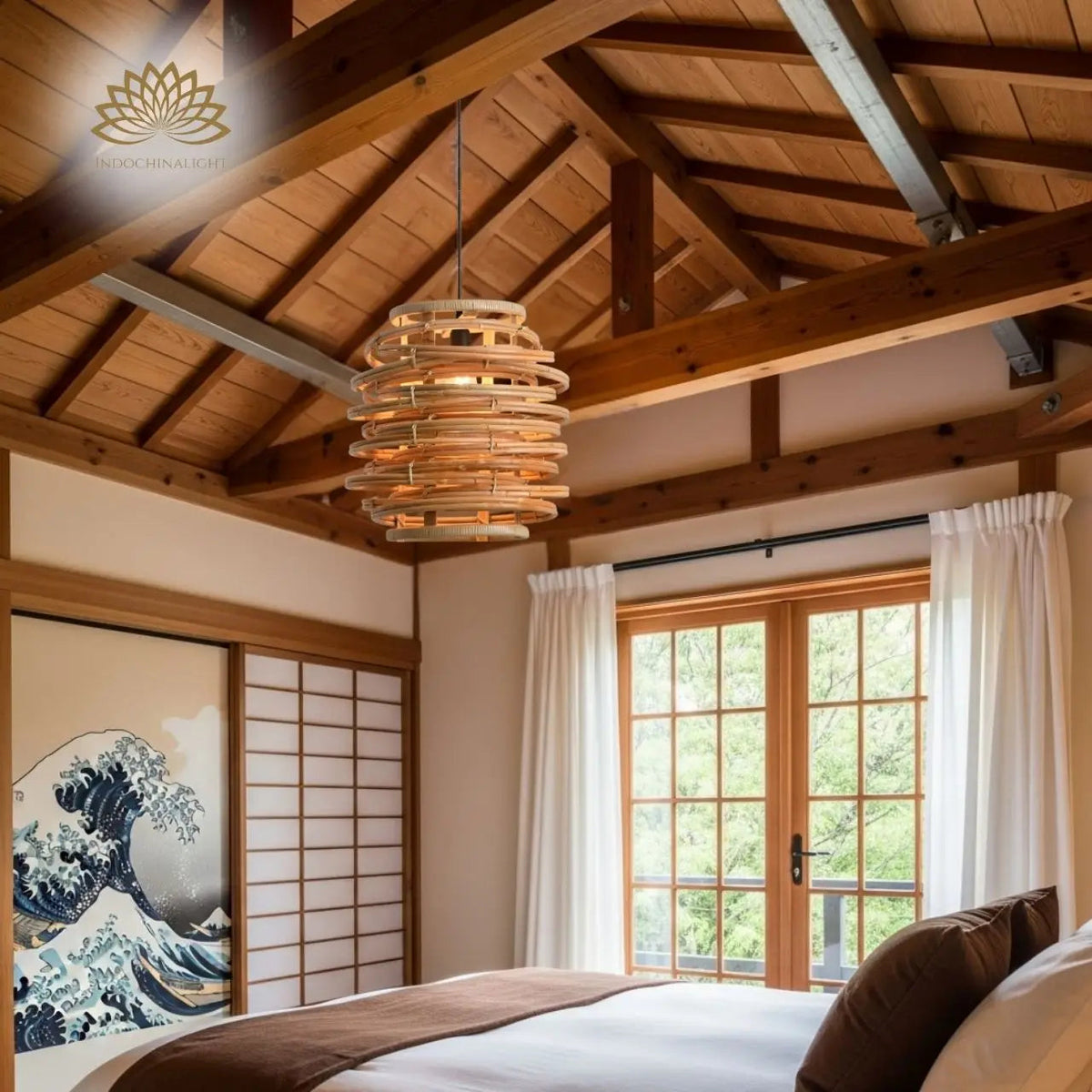 Oriana Grass Bamboo Pendant in bedroom, the smallest coil swapped in for a bedside lamp with its open weave casting a soft glow for reading