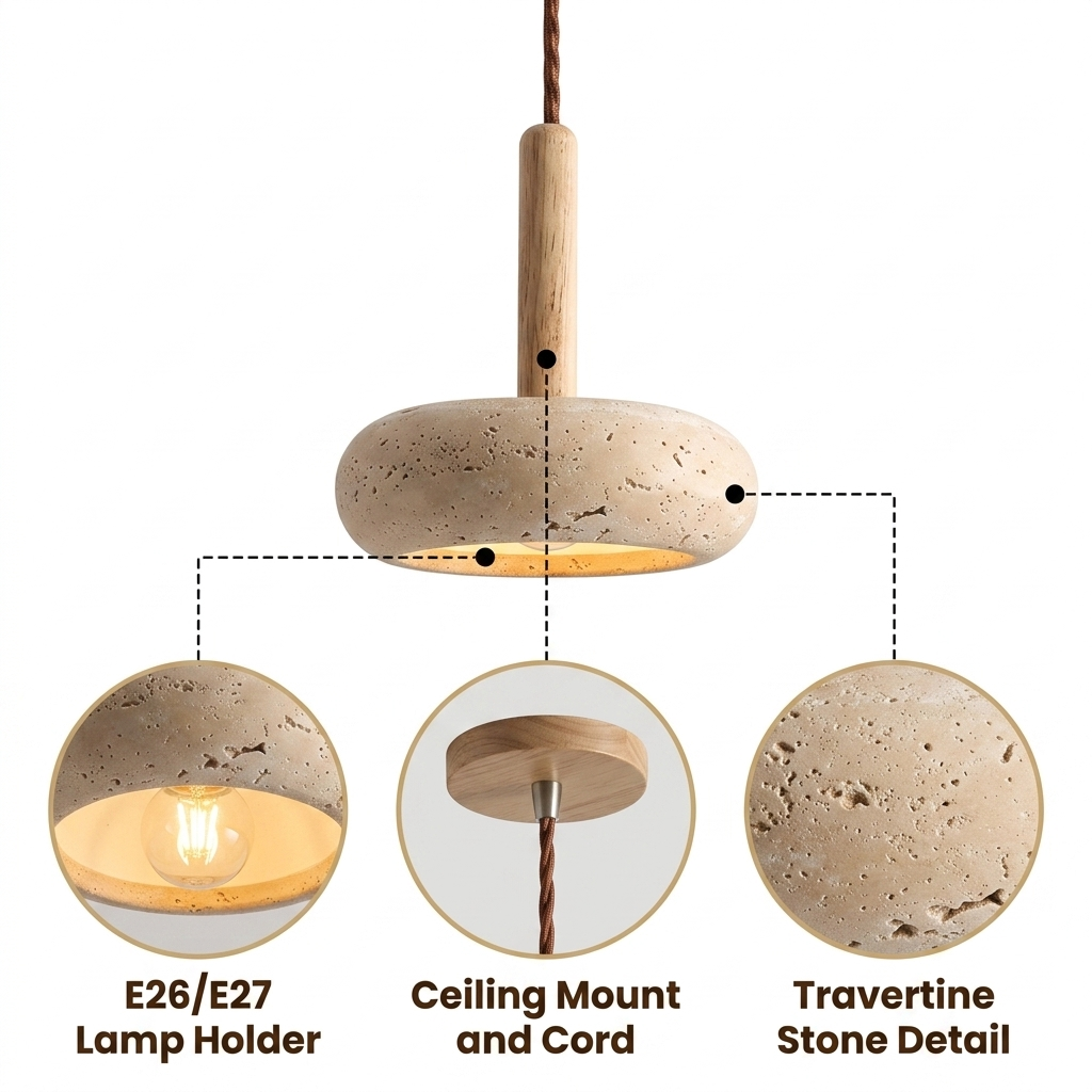 Osho Wabi Sabi Round Travertine and Wood Pendant with hand-carved porous stone texture, natural matte finish, hardwired mount, one E26 socket for diffused warm glow