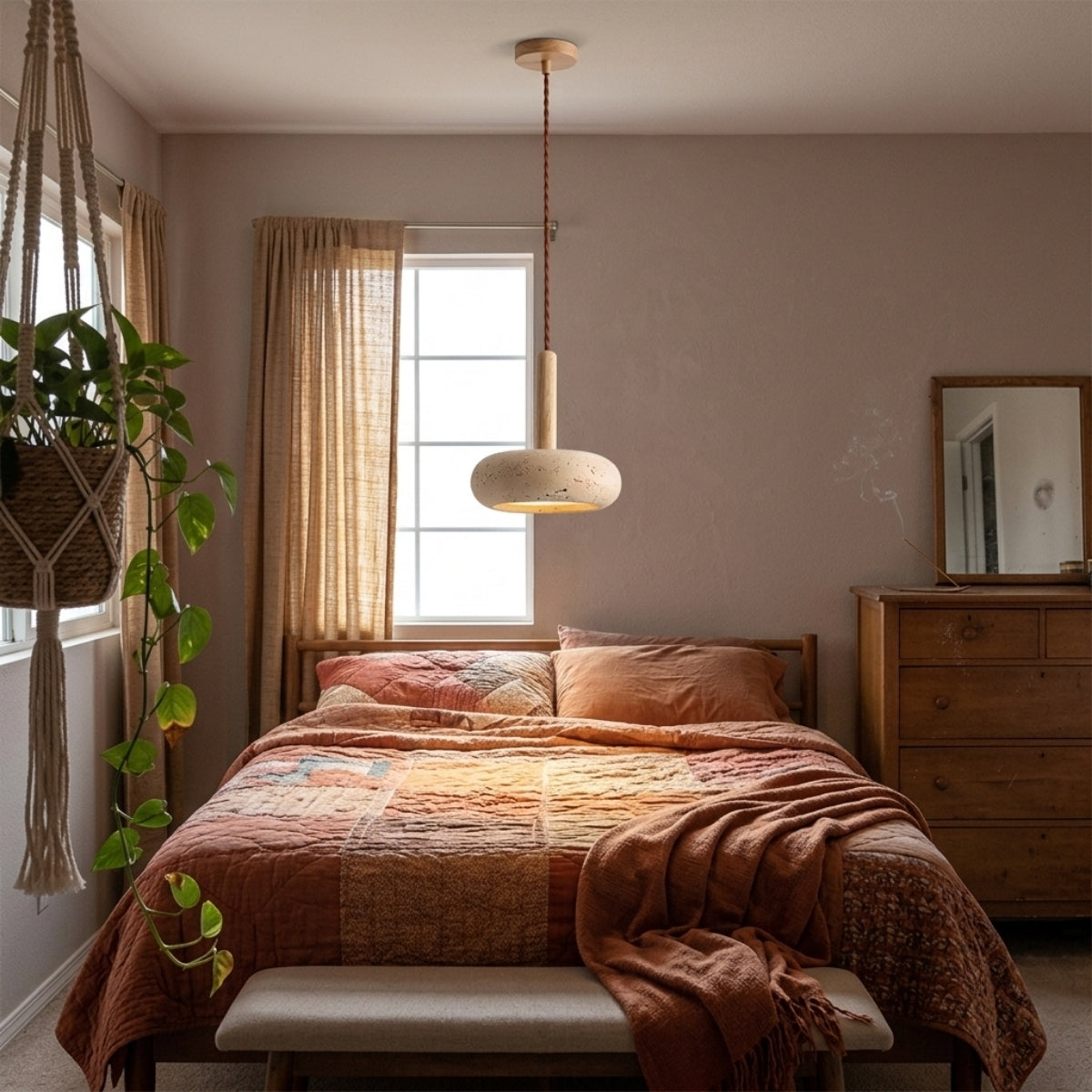 Osho Wabi Sabi Round Pendant in bedroom, the low-profile stone shade replacing a bedside lamp with its warm glow kept close above the nightstand