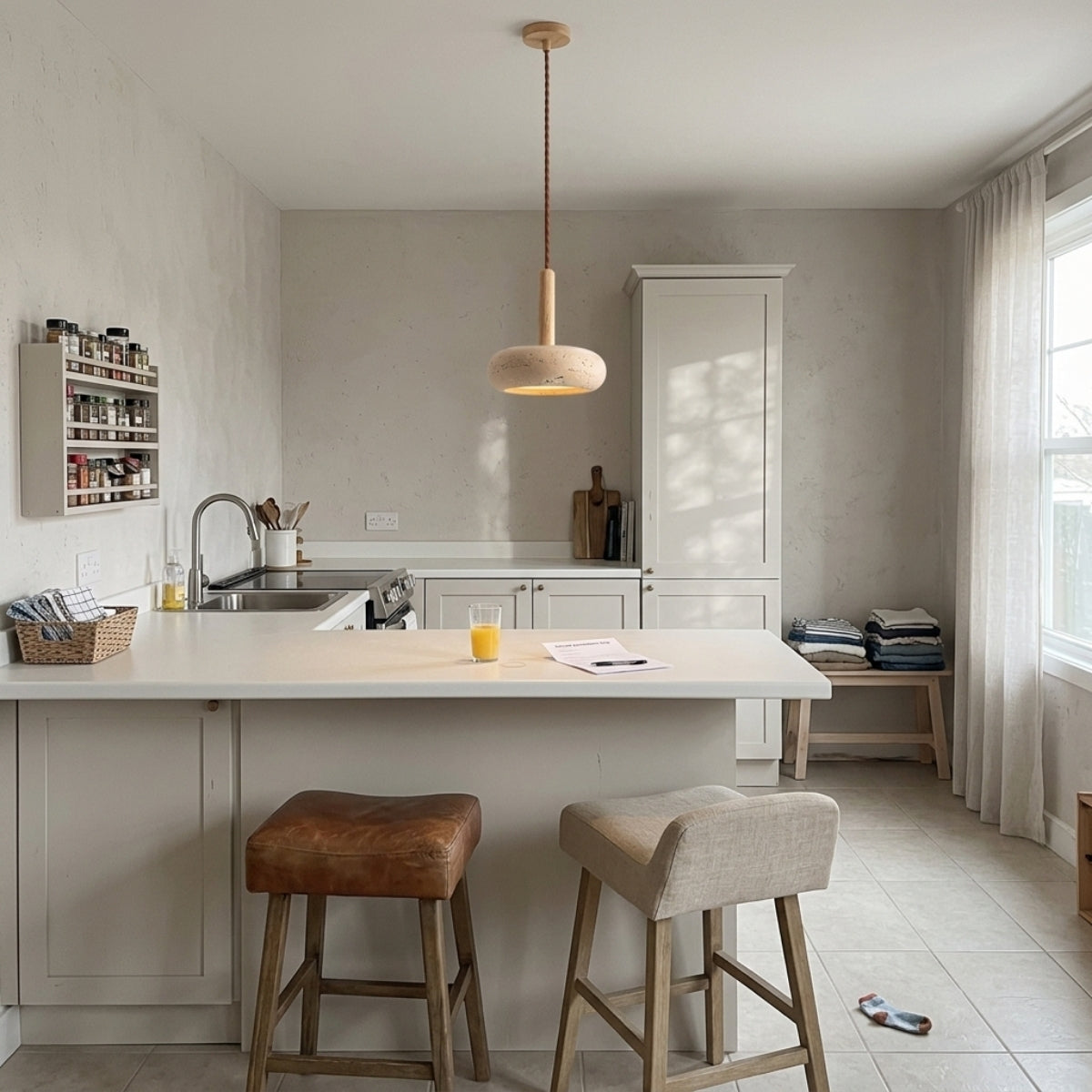 Osho Wabi Sabi Round Pendant clustered over kitchen island, two or three stone pendants spaced along the counter with the shade bottoms clearing the surface