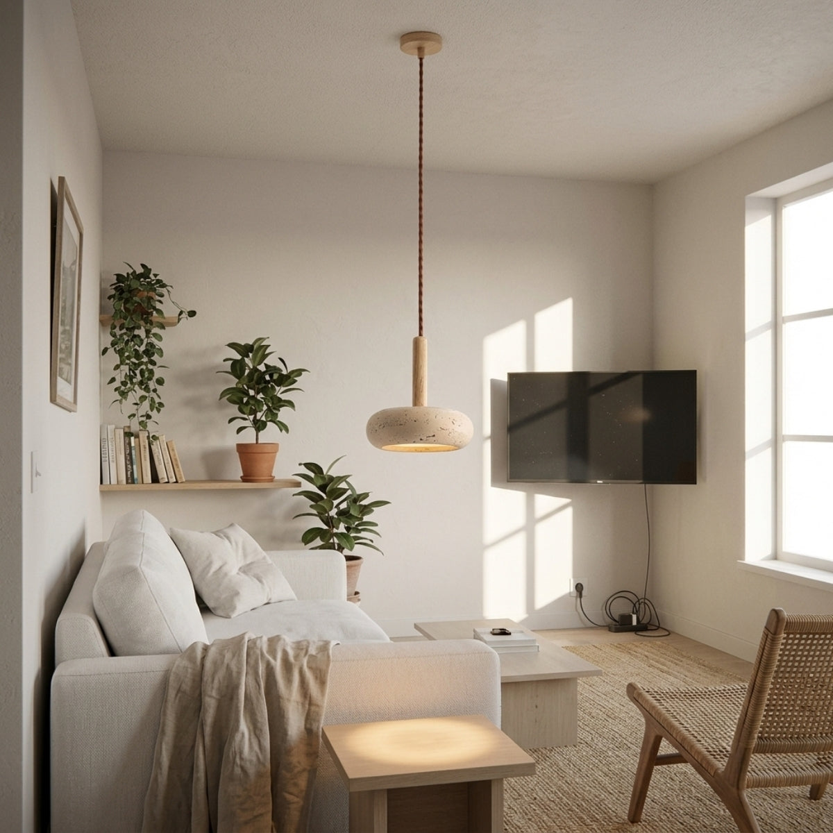 Osho Wabi Sabi Round Pendant in living room, three stone pendants clustered above the coffee table building ambient glow near the sofa without overpowering the space