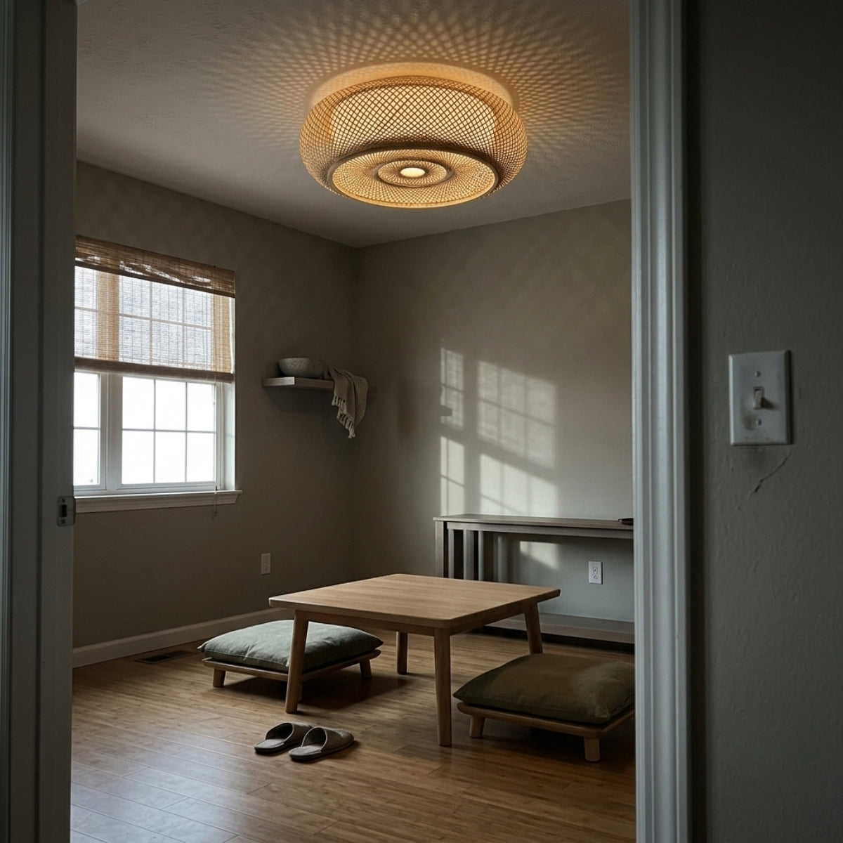 Oukaning Round Bamboo Flush Mount in dining room, the 23.6-inch shade hung above the tabletop throwing even light across place settings without glare