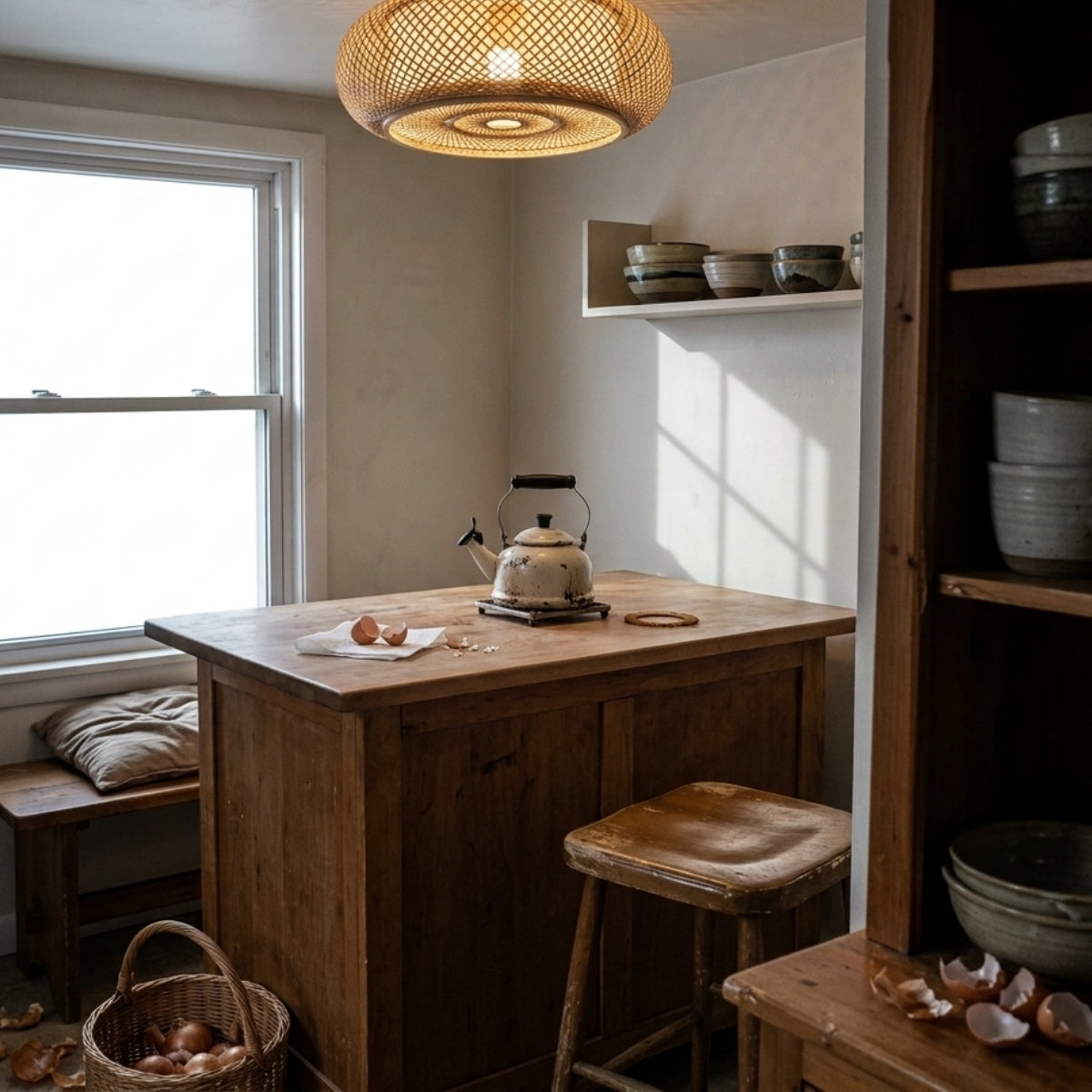 Oukaning Round Bamboo Flush Mount over kitchen island, three 15.7-inch shades spaced evenly in a row casting even bamboo-strip work light across the counter